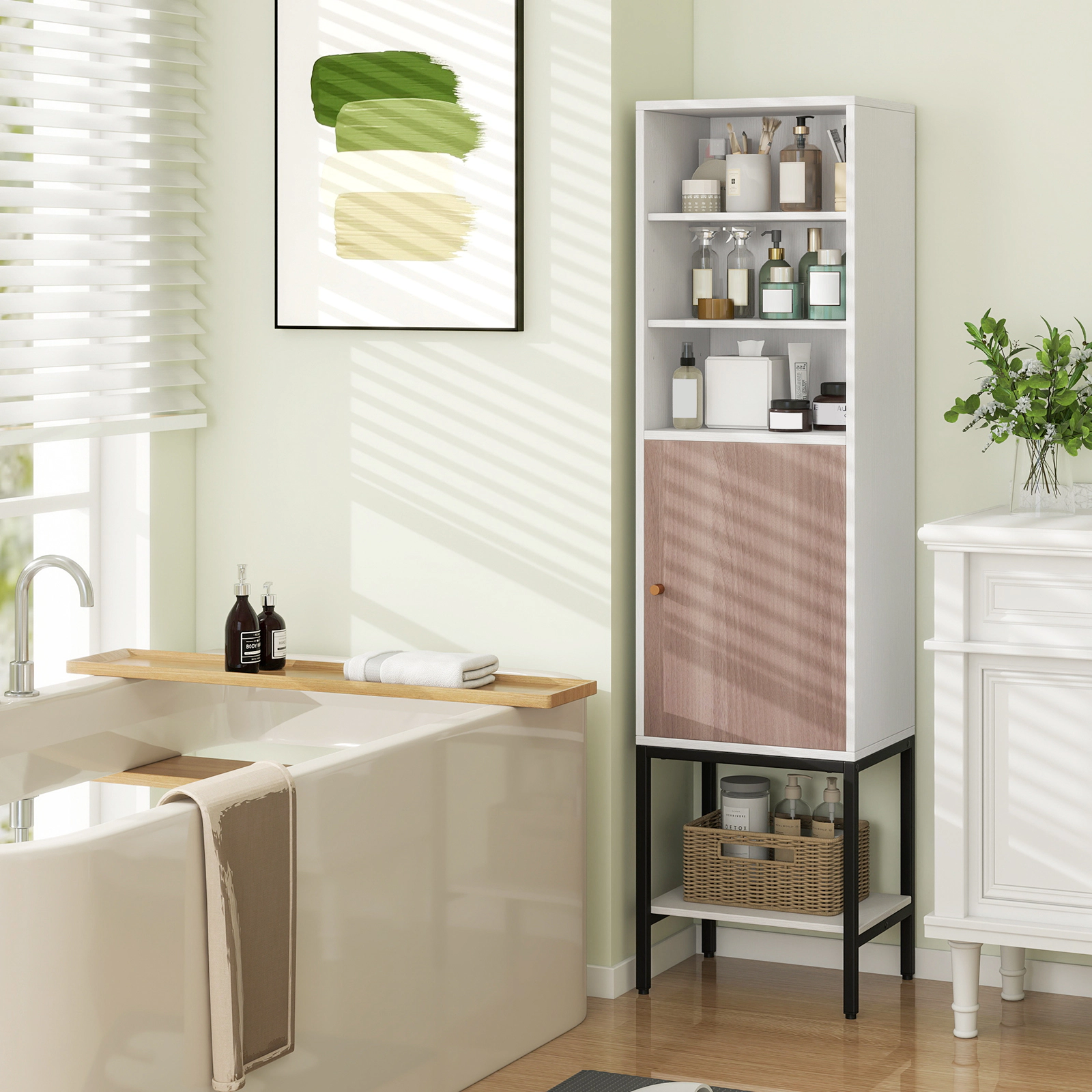 SUGIFT White 57-in 165-lb Capacity Narrow Bathroom Storage Cabinet with 1 Door 3 Open Compartments and Countertop