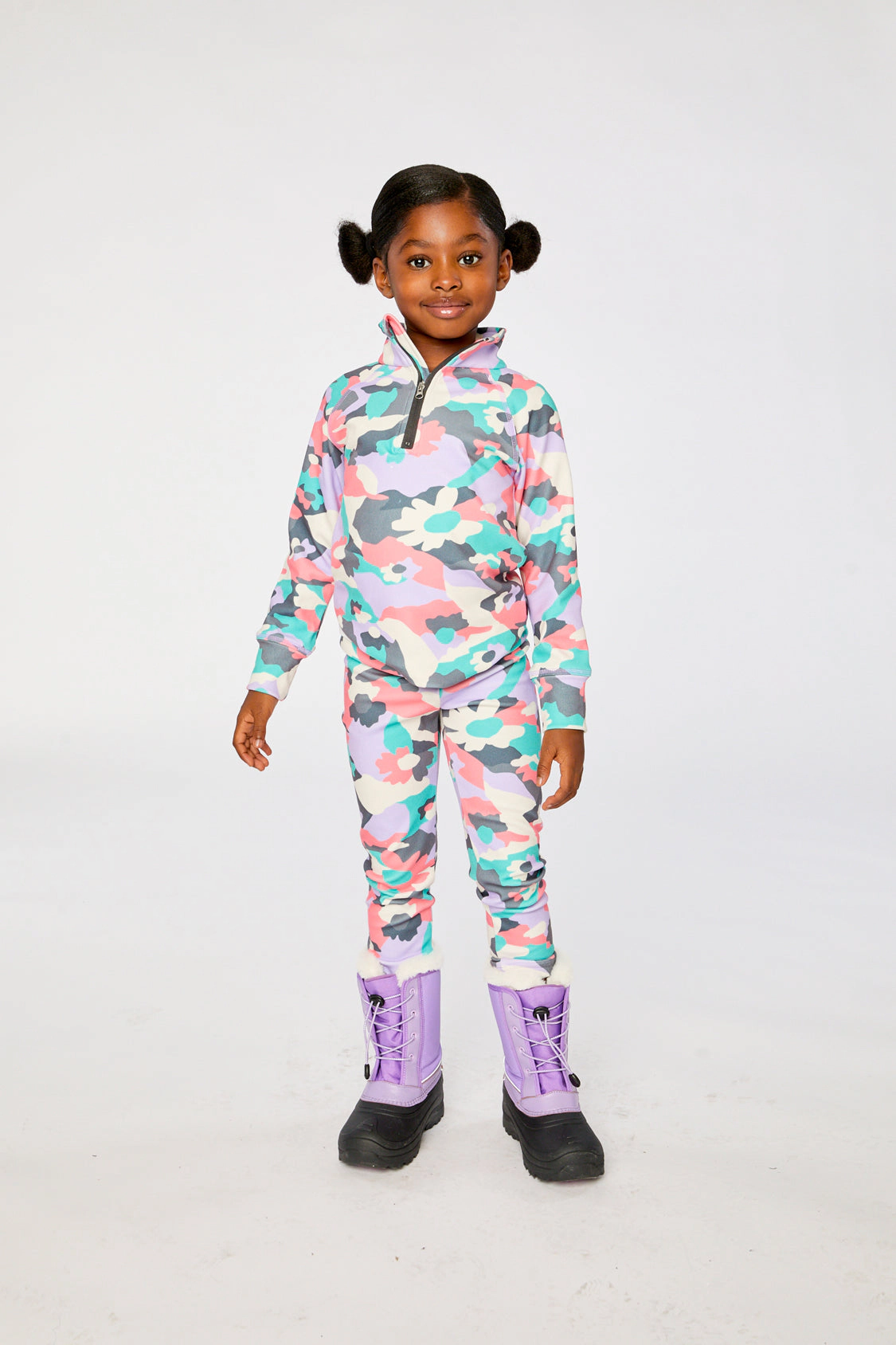 Deux par Girls Two Piece Camouflage Print Half-Zip Thermal Underwear Top and Pants Set