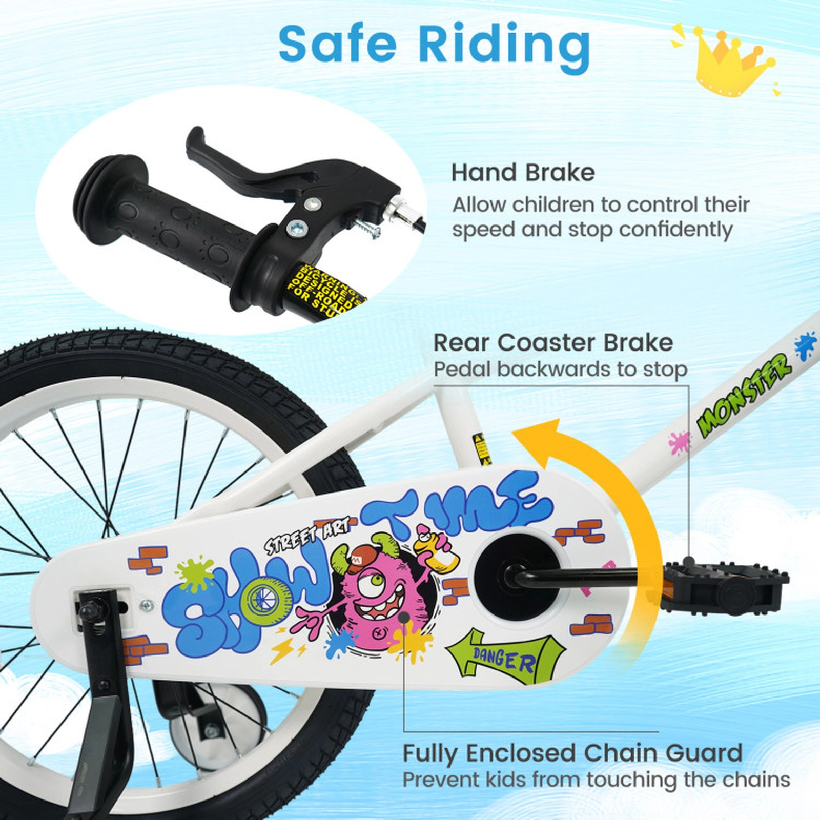 SUGIFT Adjustable 18-Inch Kids Bike with Training Wheels 130-lb Capacity Ages 4-8 White 50.5 x 21.5 x 33 in One Bike