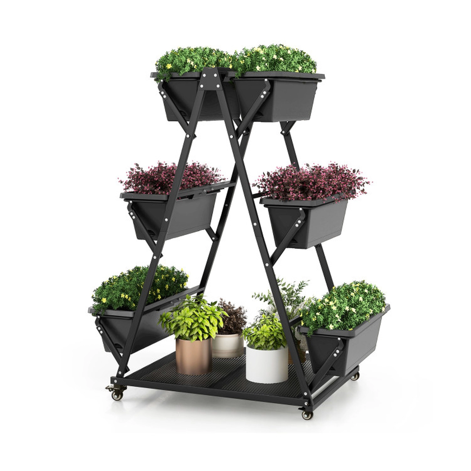 SUGIFT 3-Tier 22-lb Per-Box Vertical Raised Garden Bed with 6 Containers 4 Wheels and Steel Storage Shelf