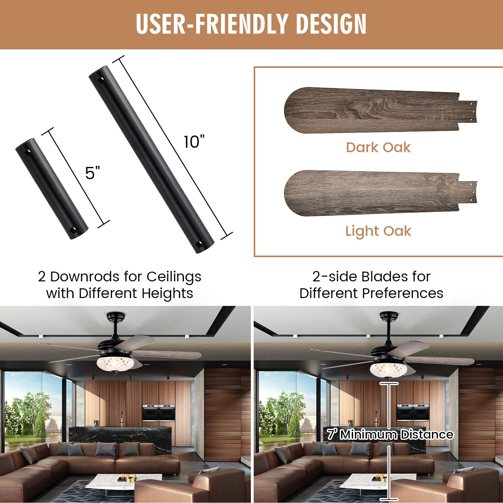 SUGIFT 52-in Retro Ceiling Fan with Remote Control 3-Speed Reversible Motor Oak Double-Faced Blades