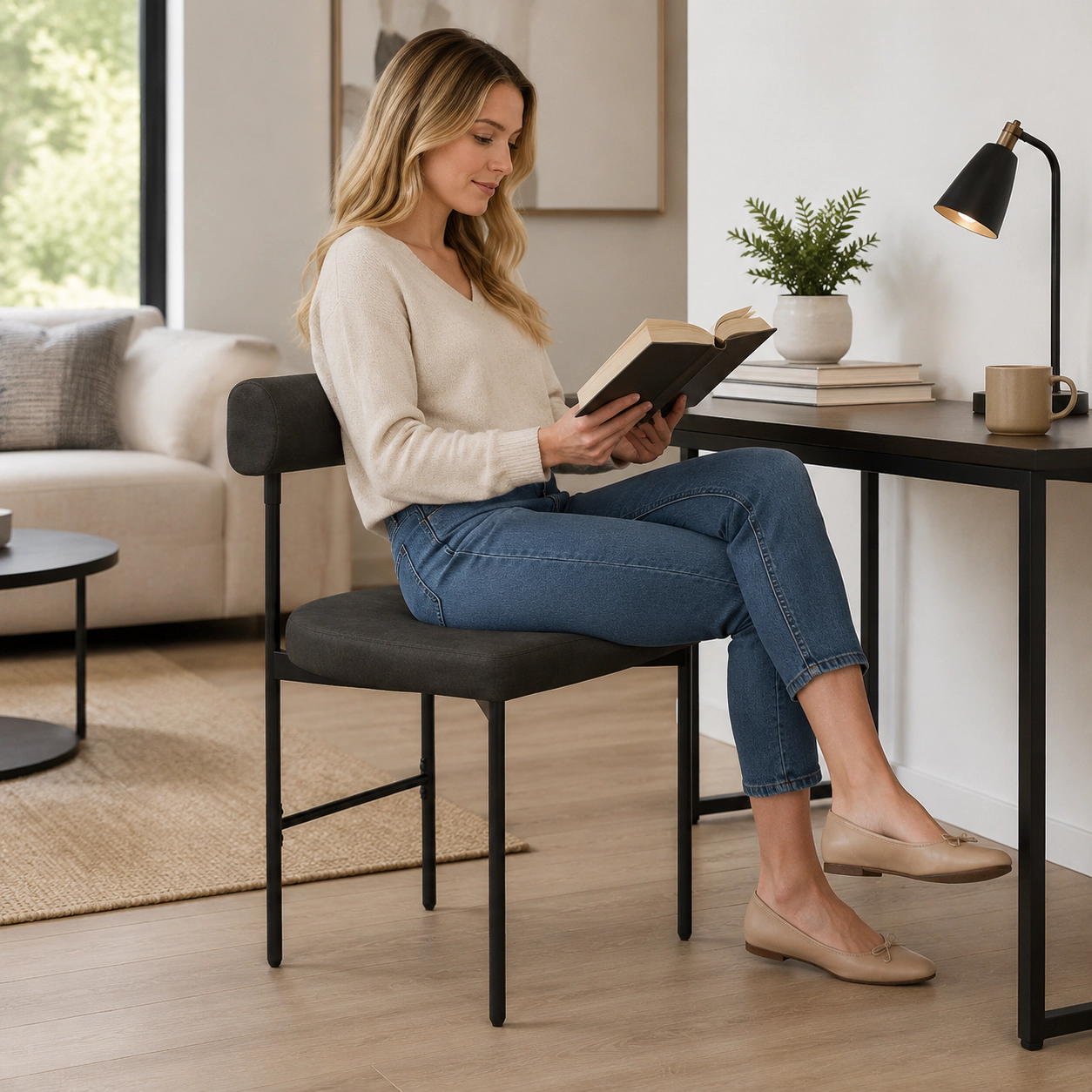 SUGIFT Gray Curved Padded Backrest and Metal Legs Set of 2 Faux Leather Kitchen Side Chairs