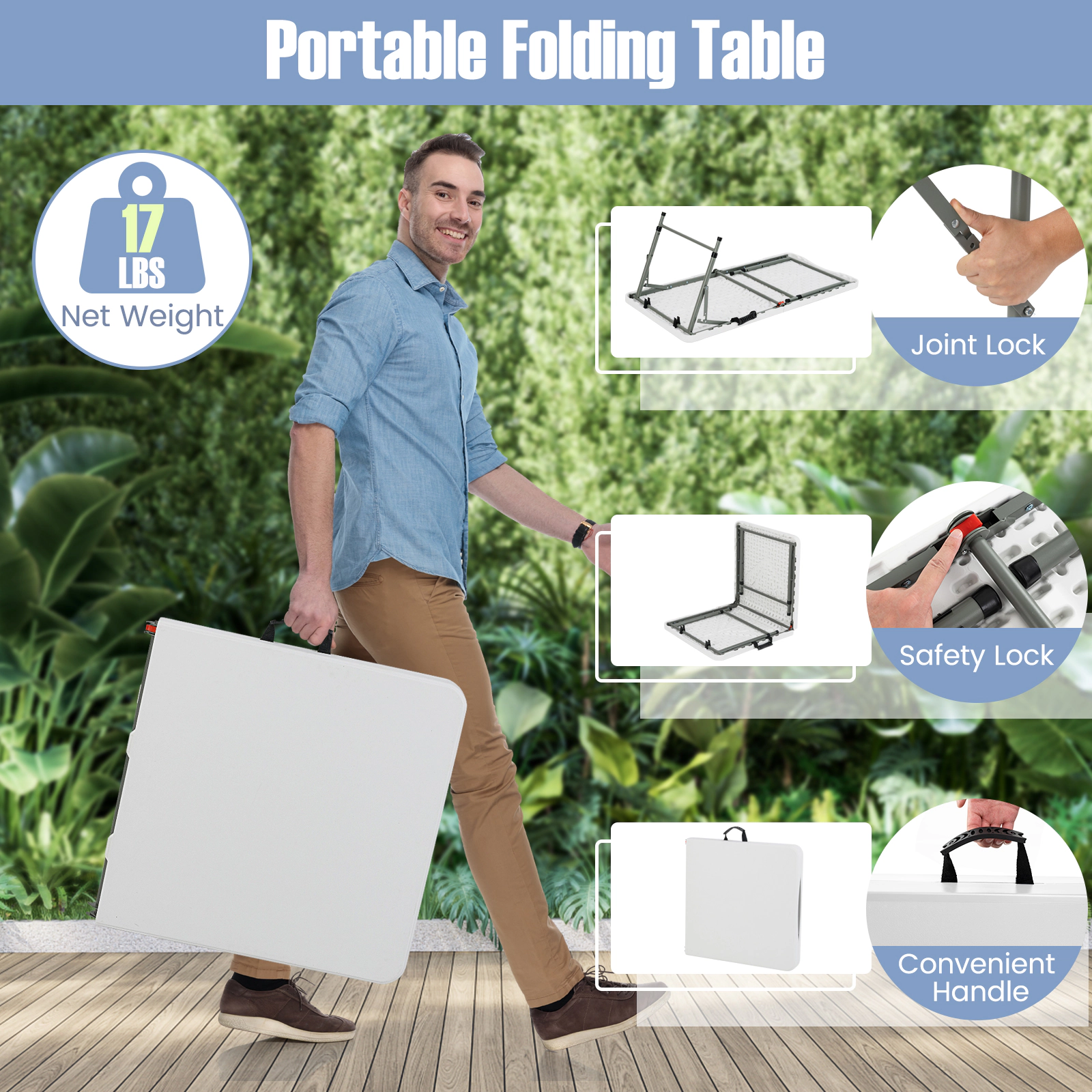 SUGIFT 4-Feet Adjustable Camping Table with HDPE Tabletop and Metal Legs 220-lb Capacity White 48 x 24-in Surface
