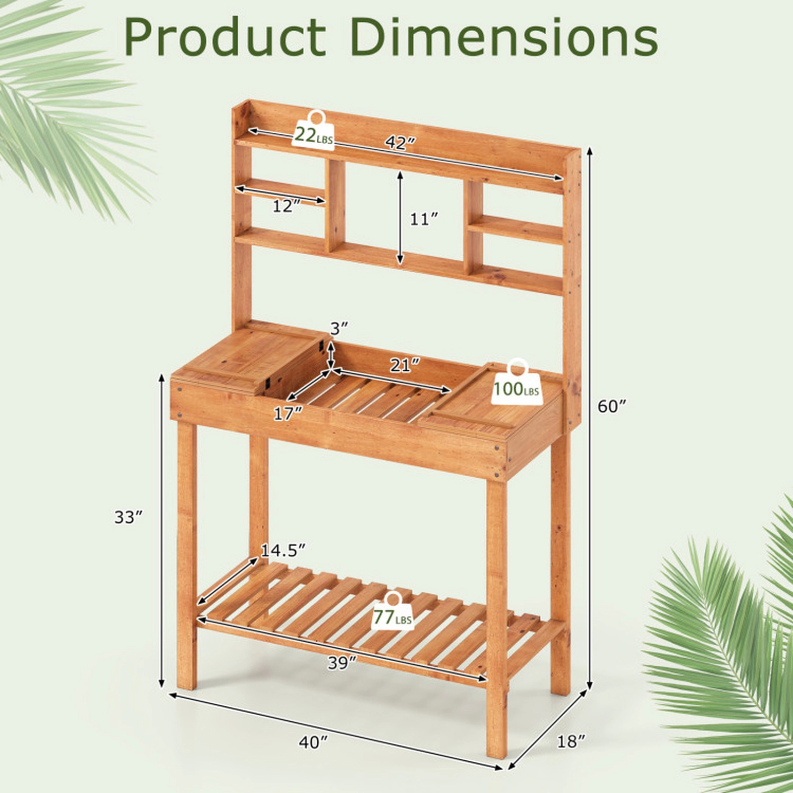 SUGIFT 100-lb Capacity 60-in Brown Wooden Potting Bench Table with 3-Tier Shelf and Flip-Up Top