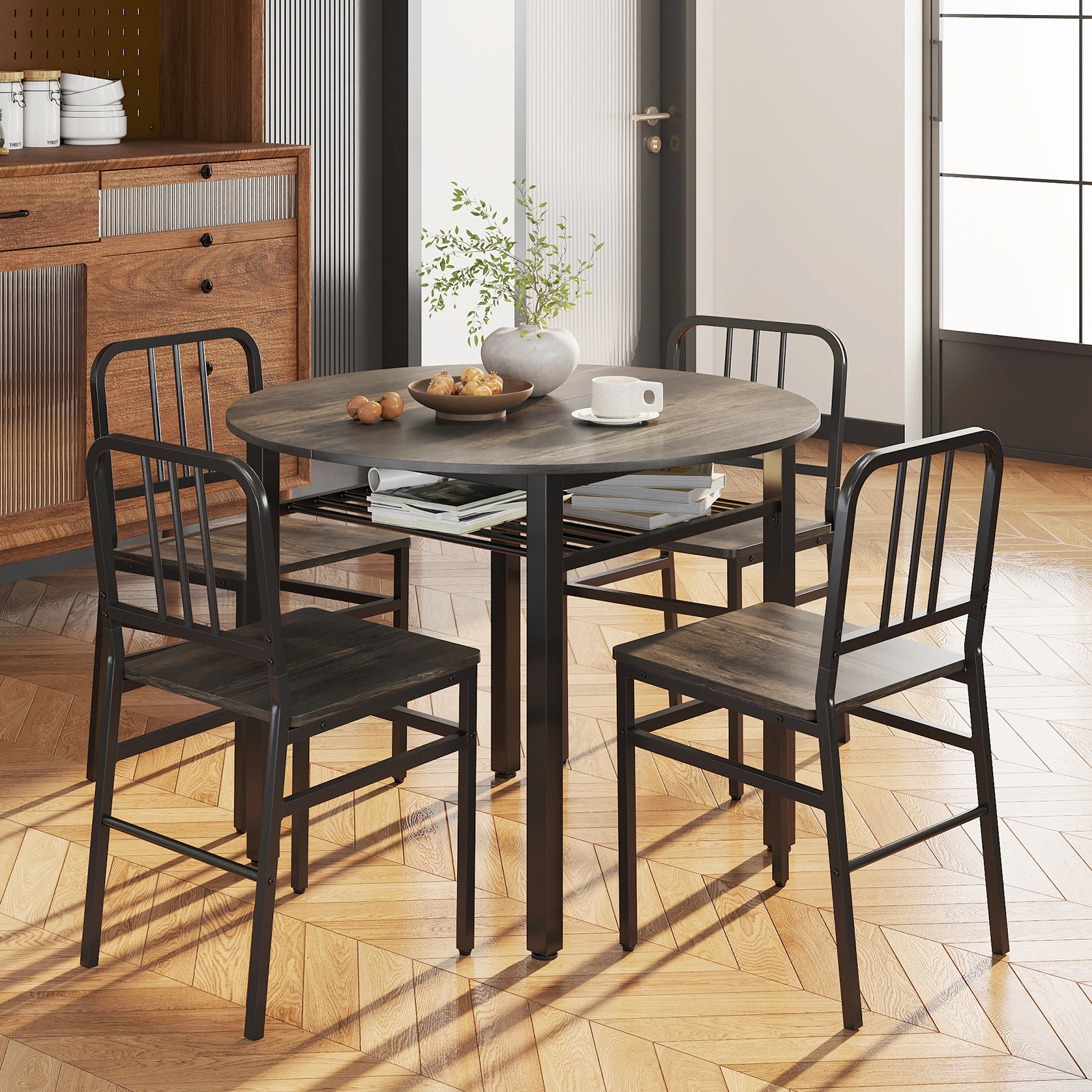 LJG 5-Piece Round Dining Table Set with Storage Shelf for Room