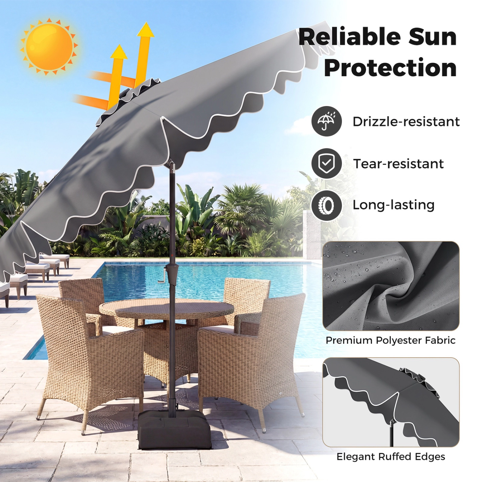 SUGIFT 10-ft Gray Solar LED Patio Umbrella with Weighted Base, Manual Tilt and Crank Lift