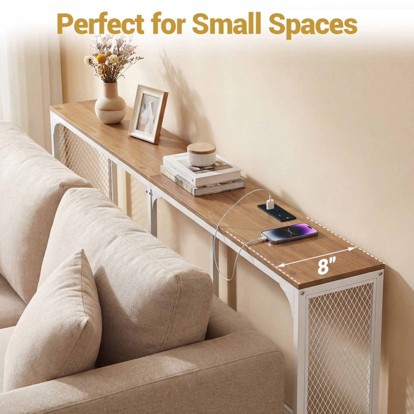 SUGIFT Narrow Reversible Charging Station White Metal Frame Console Table 71-in x 8-in x 32-in 100-lb Capacity Natural