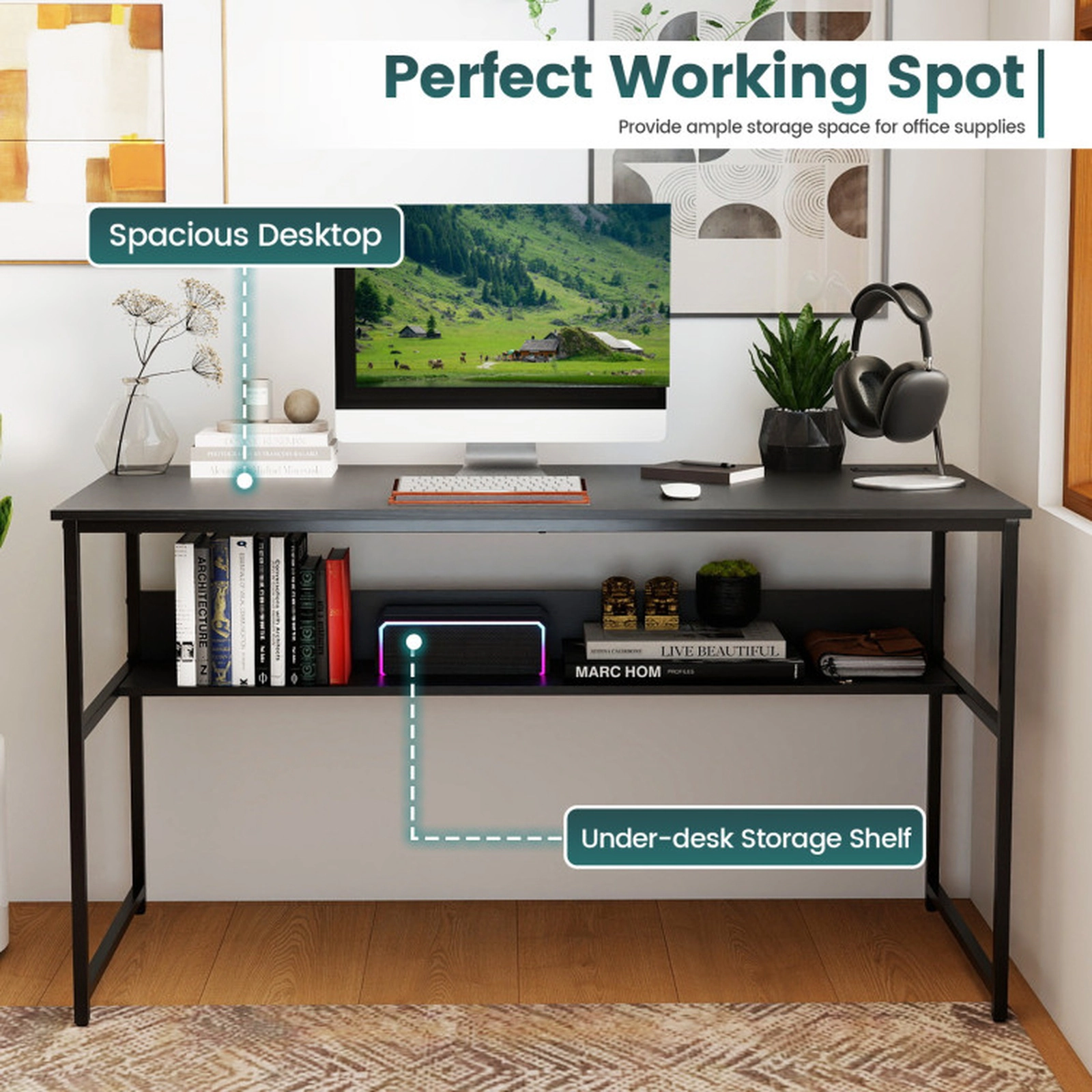 SUGIFT 55 x 24-in Computer Desk with Power Outlets and USB Ports 220-lb Tabletop Capacity with Shelf Rustic Brown/Black