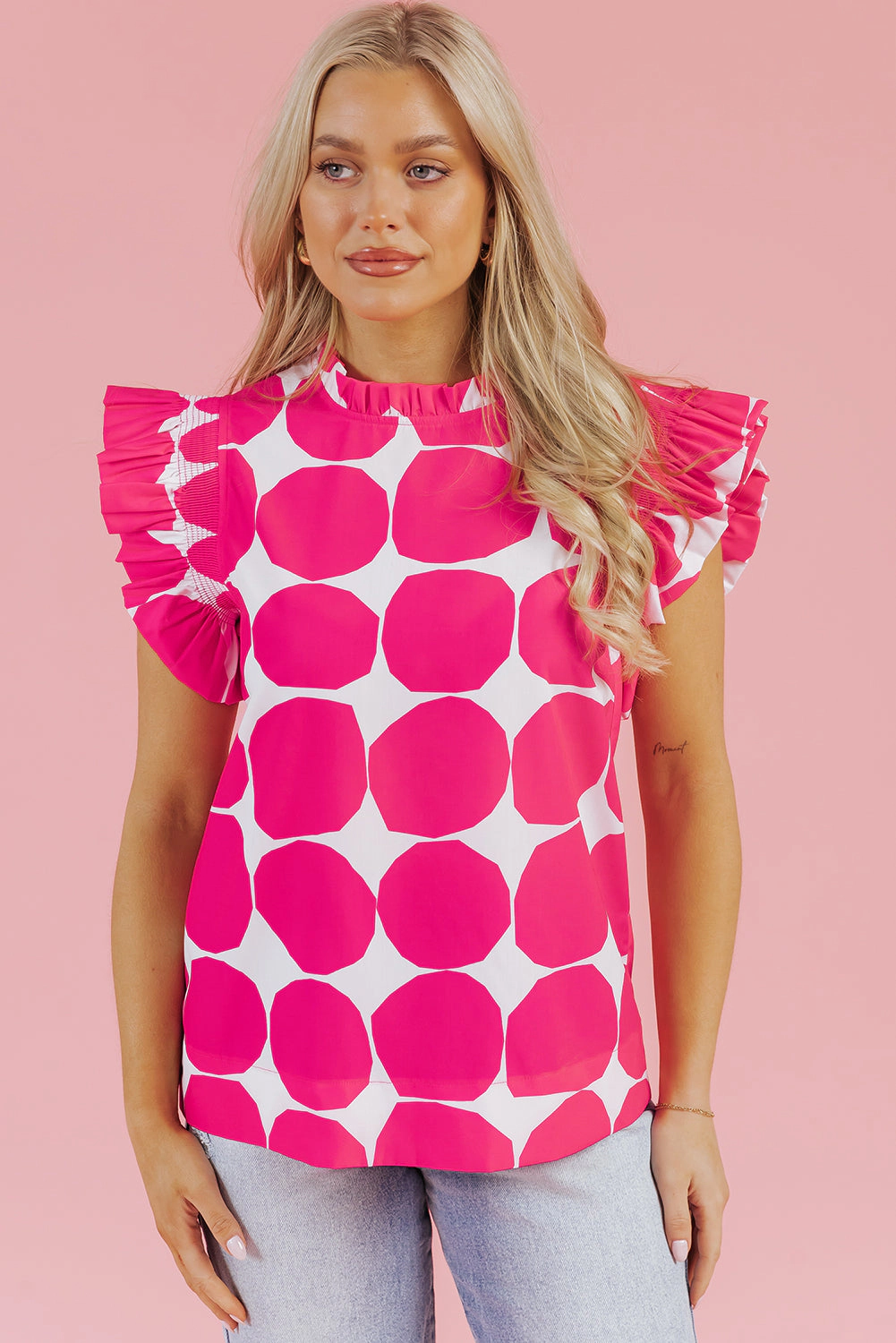 Threaded Pear Women's Loretta Bubblegum Pattern Frilled Top