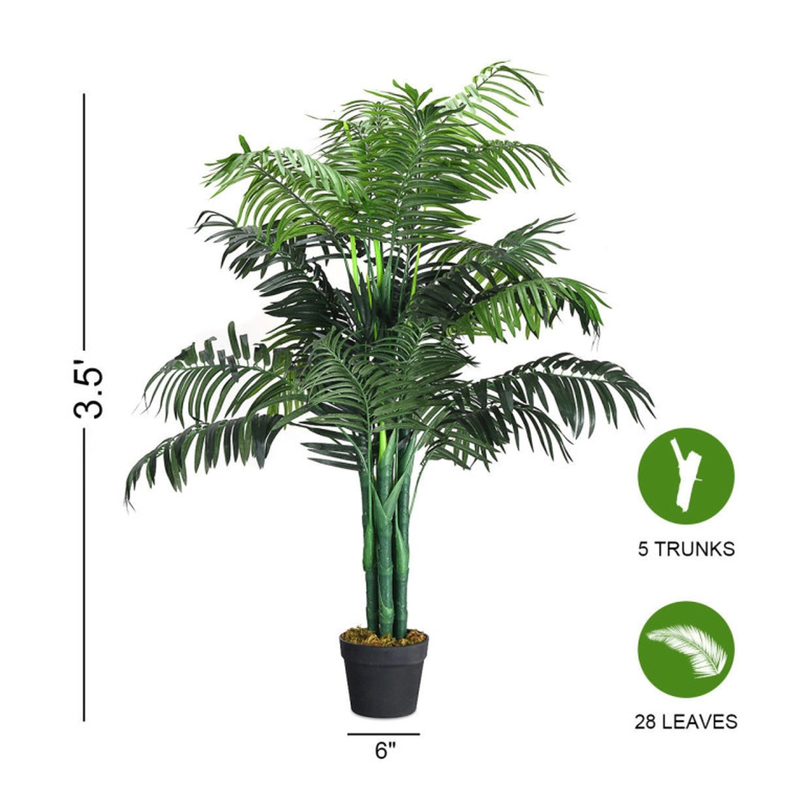 SUGIFT 3.5-Ft Artificial Areca Palm Palm Tree 43-in Tall with 5 Trunks 28 Leaves 6-in Pot Plastic Branches Polyester