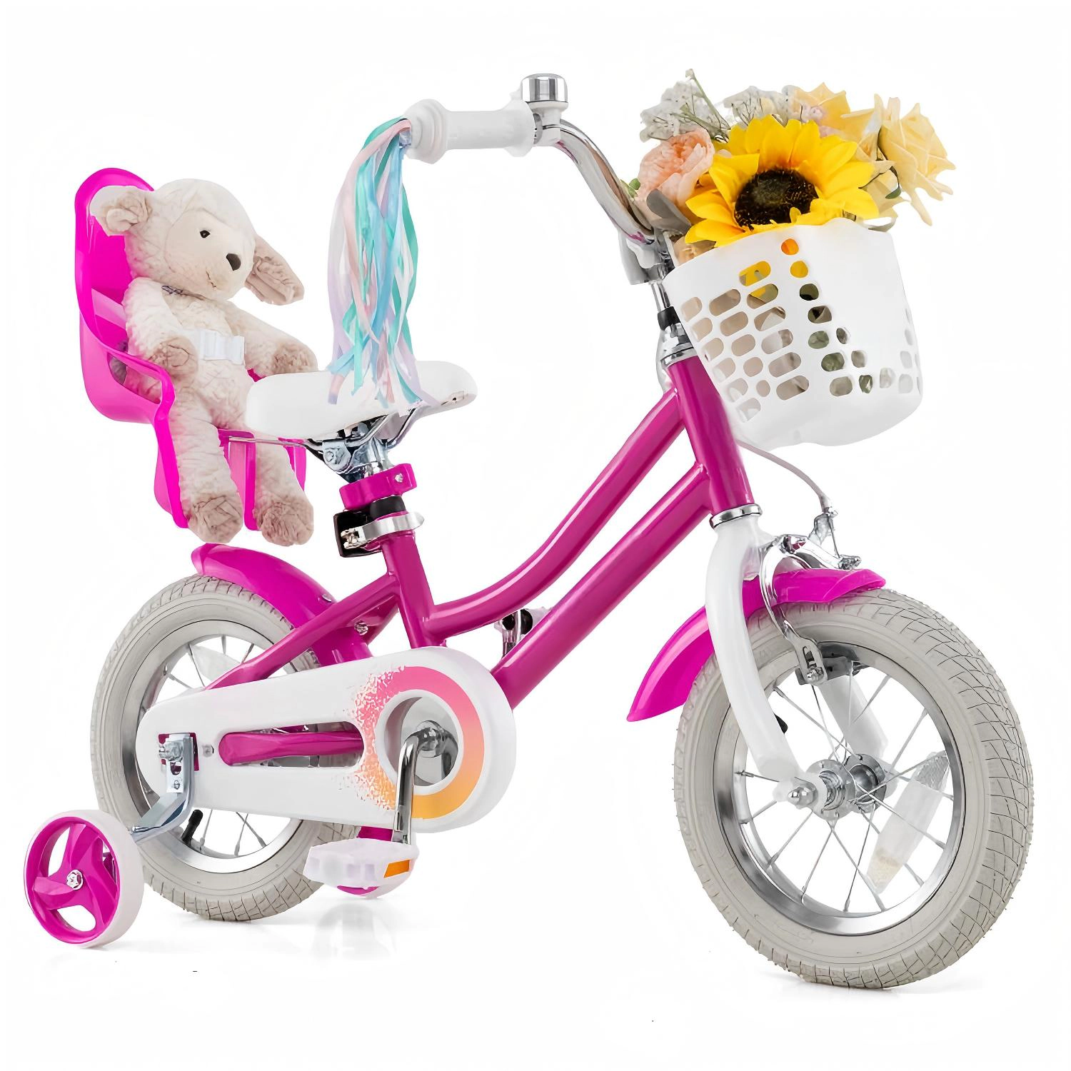 SUGIFT Rose Red Training Wheels Ribbons and Adjustable Seat Kids Bike
