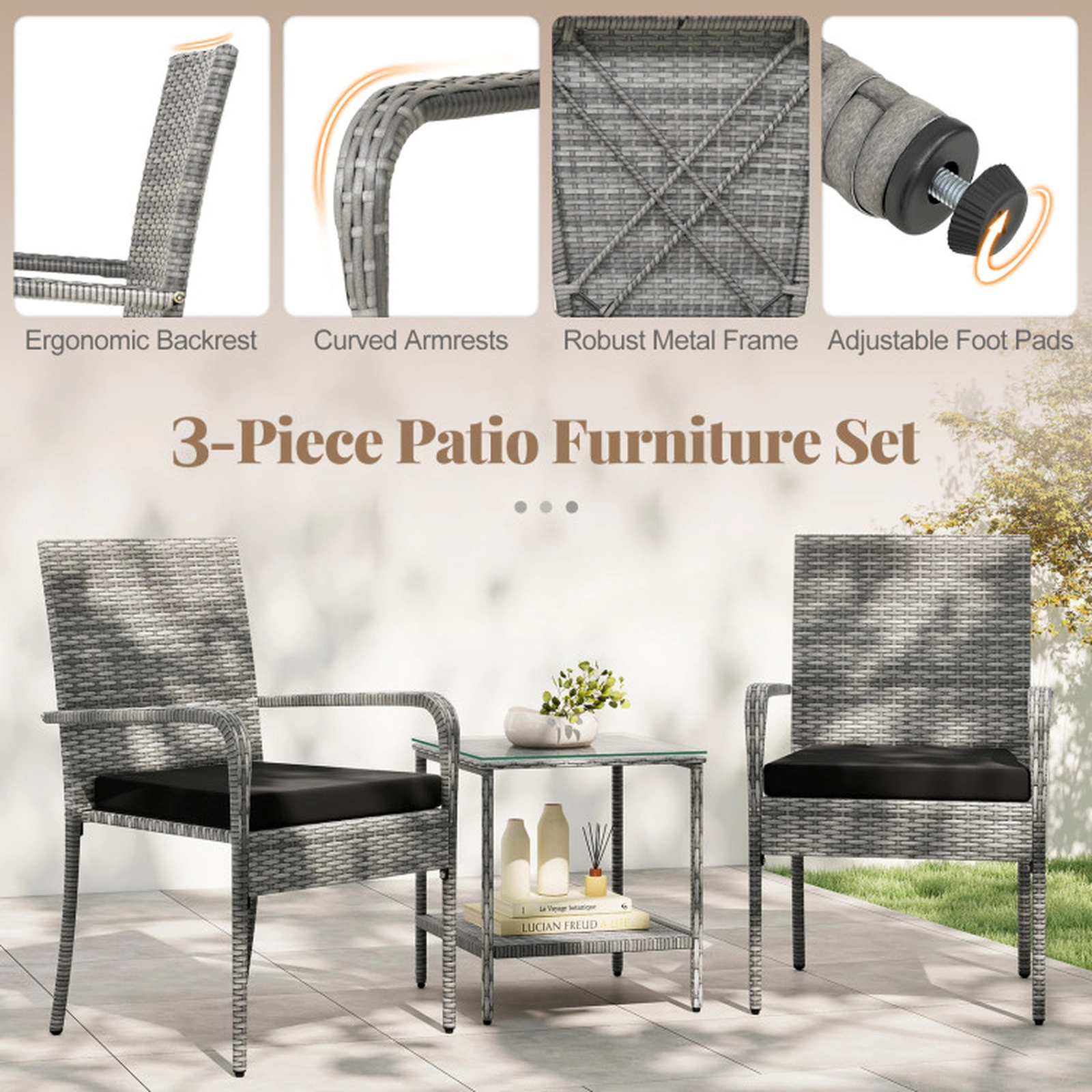 SUGIFT Black Cushions and Glass Side Table 3-Piece Patio Rattan Balcony Chair Set
