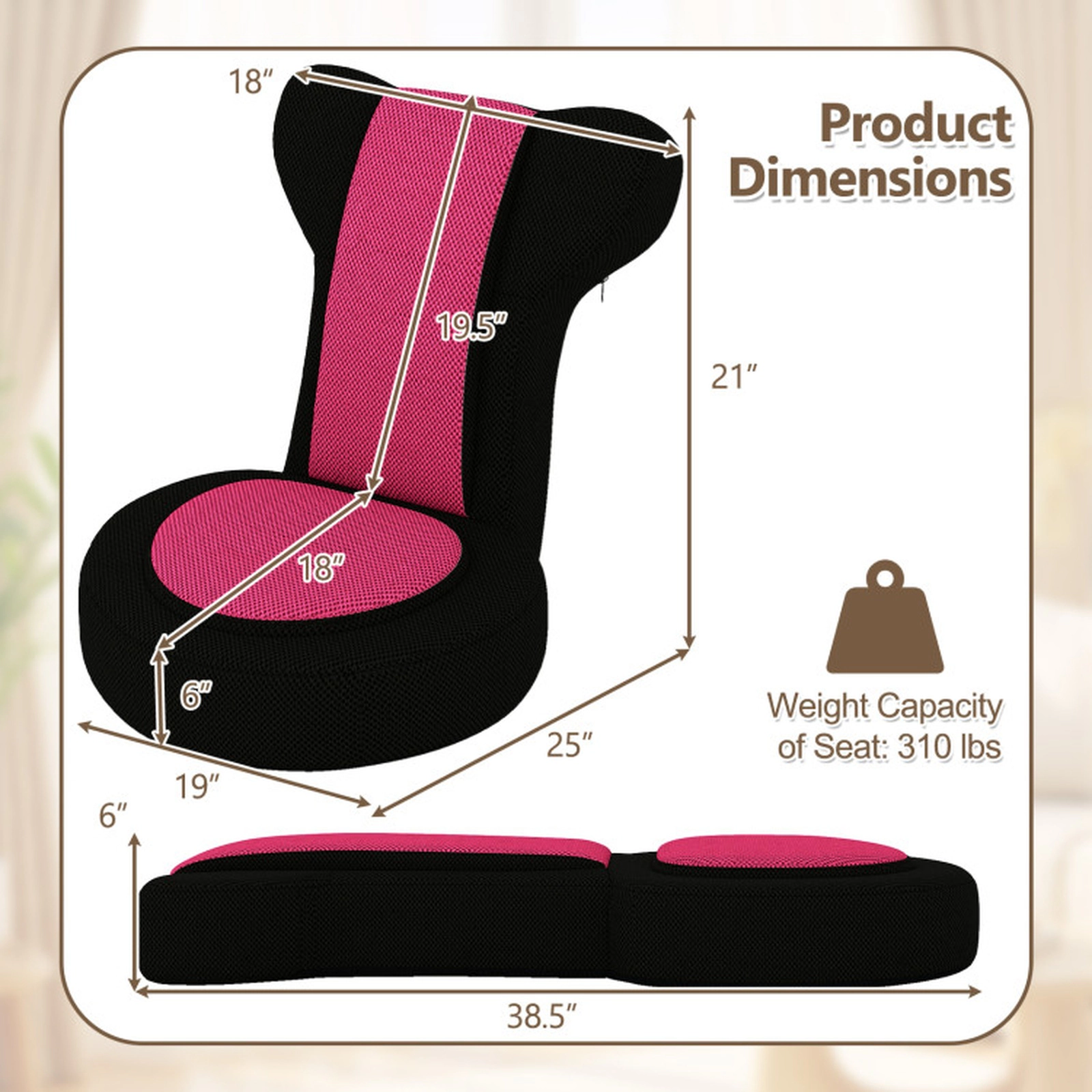 SUGIFT 2-in-1 Floor Gaming Leisure Chair with Adjustable Headrest and Backrest 310-lb Capacity Black + Pink