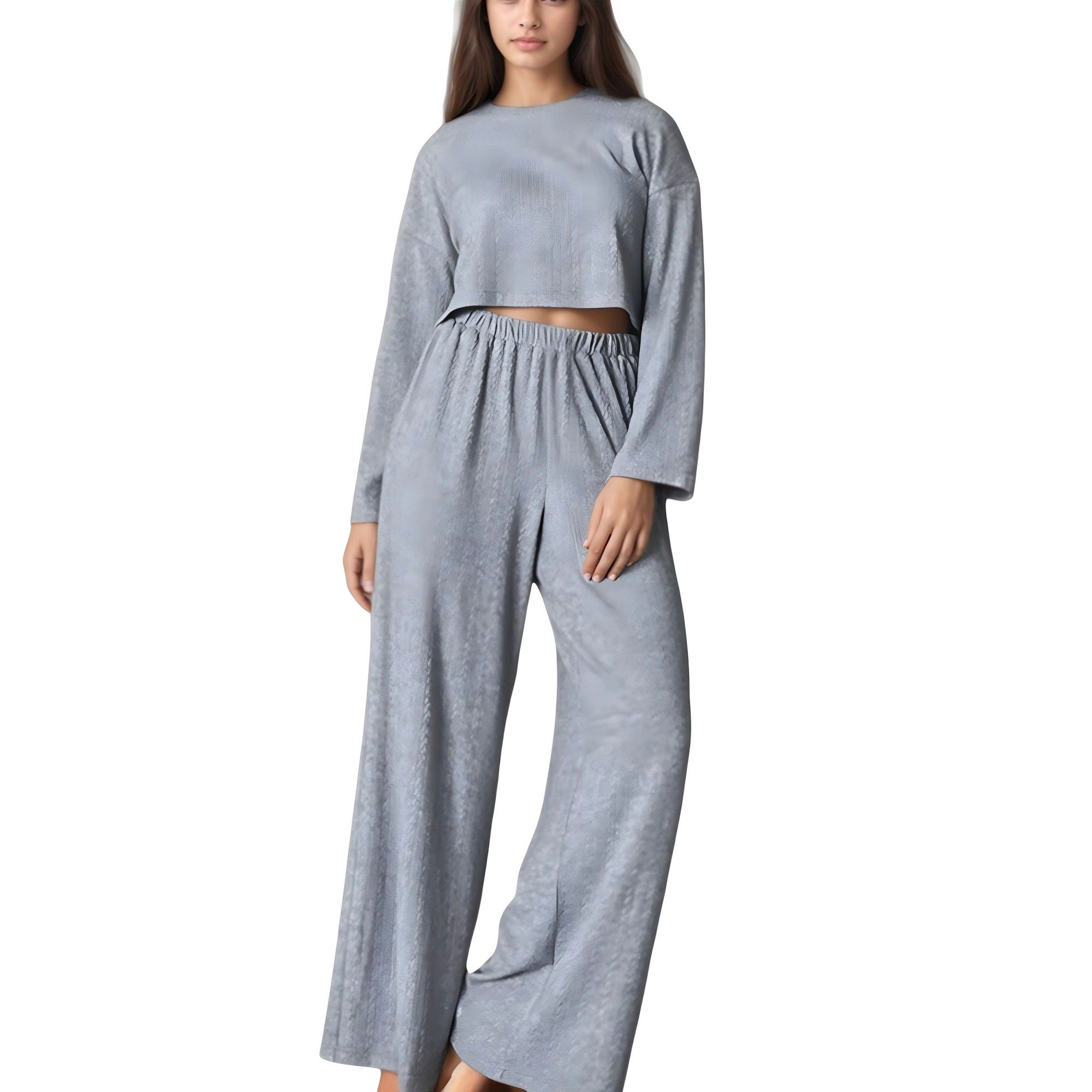 Anna-Kaci Women's Ribbed Knit Long Sleeve Crop Top and Wide Leg Lounge Pants Two-Piece Pajama Set