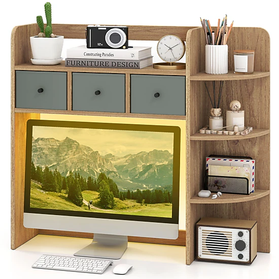LJG Desktop Bookshelf with LED Lights 5-Tier Shelves and 3 Drawers for Home Officce