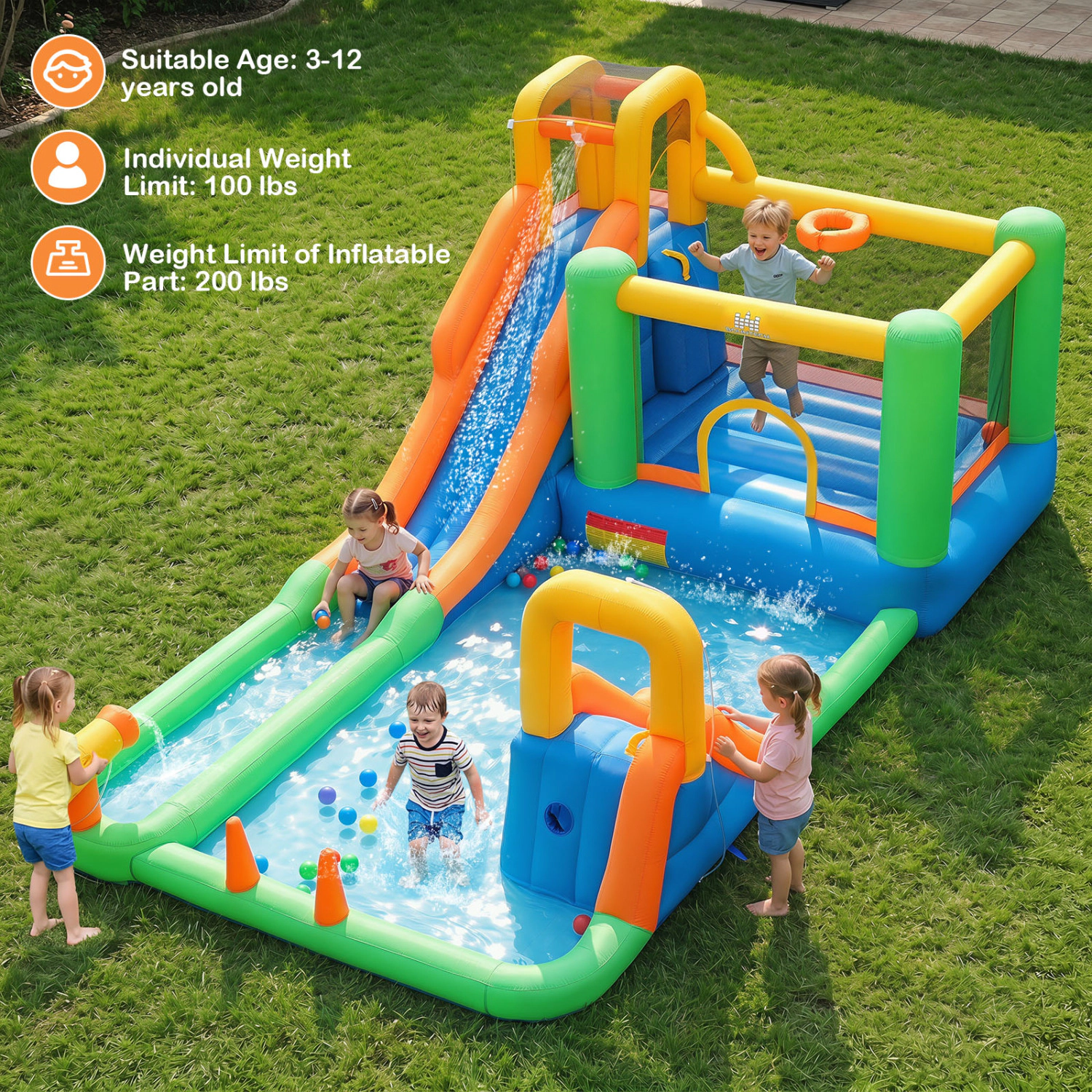 LJG 11-in-1 Inflatable Bounce House with Water Slides for Kids without Blower