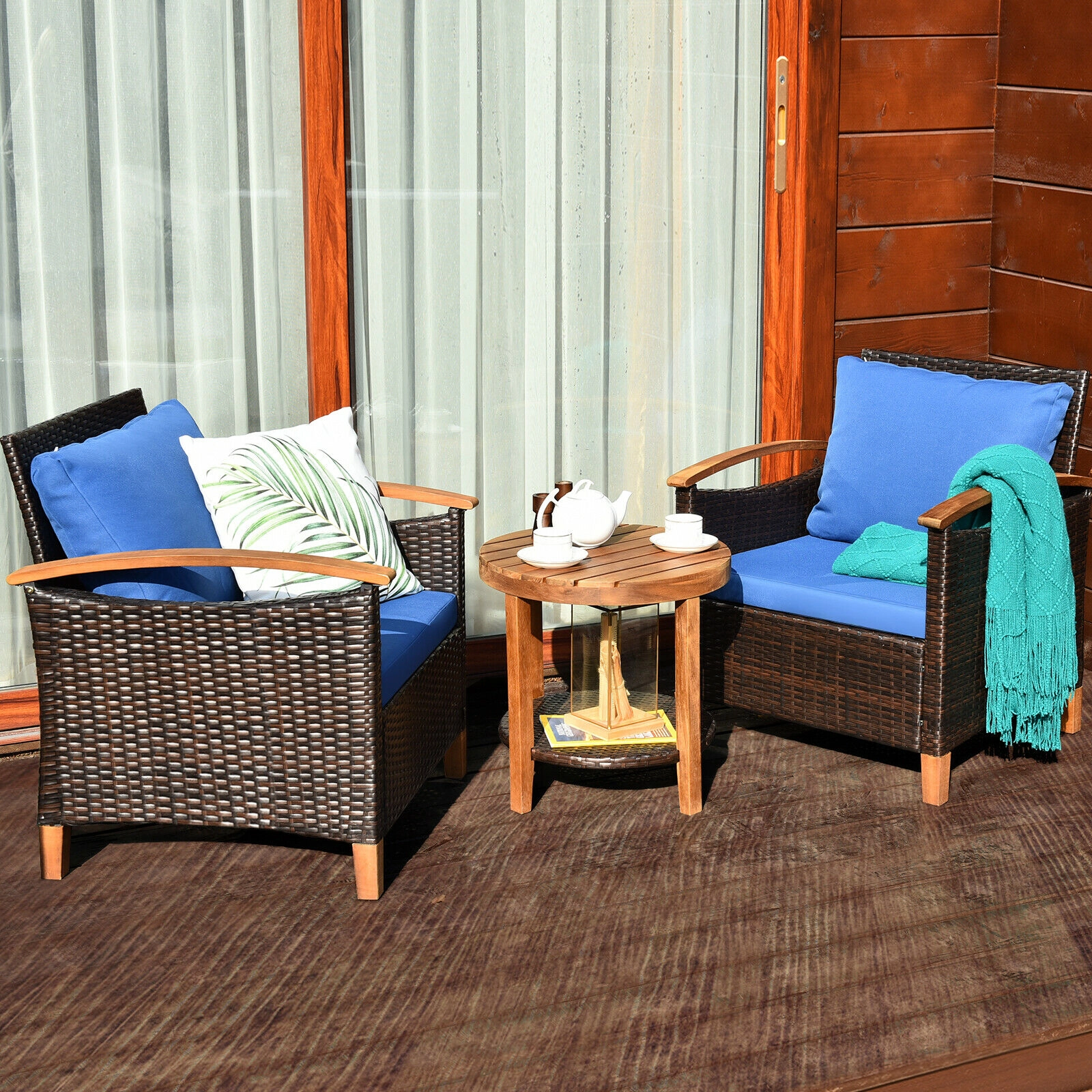 SUGIFT Blue Acacia Wood Tabletop and Washable Cushions 3-Piece Patio Rattan Chair Set
