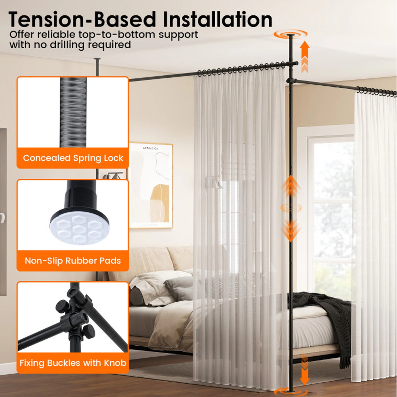 SUGIFT Adjustable Floor to Ceiling Tension Room Divider Curtain Rod 28-in to 142-in Wide 4-ft to 10-ft 45-lb Black