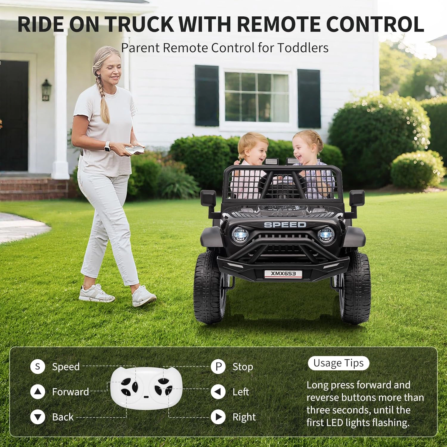 Enjyam 12V Kids Ride On Truck, Electric Car Toy with Extra Wide Seat & Legroom, Remote Control,3 Speeds,LED Lights,