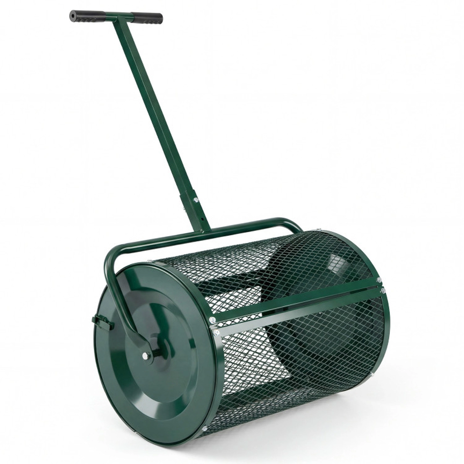 SUGIFT Compost Spreader Roller Garden Cart with 2.7 Cu.ft Basket Height-Adjustable T-Shape Handle Green