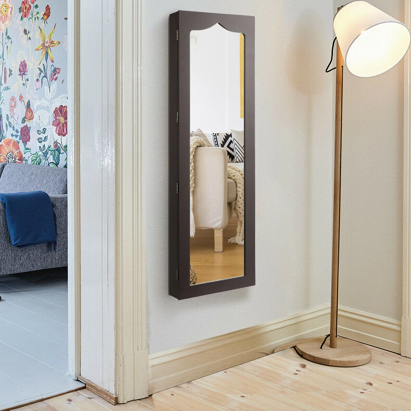 SUGIFT 5-LED Wall Mounted or Door Hanging Jewelry Armoire with Full Length Mirror 47.5-in Tall MDF Cabinet Brown