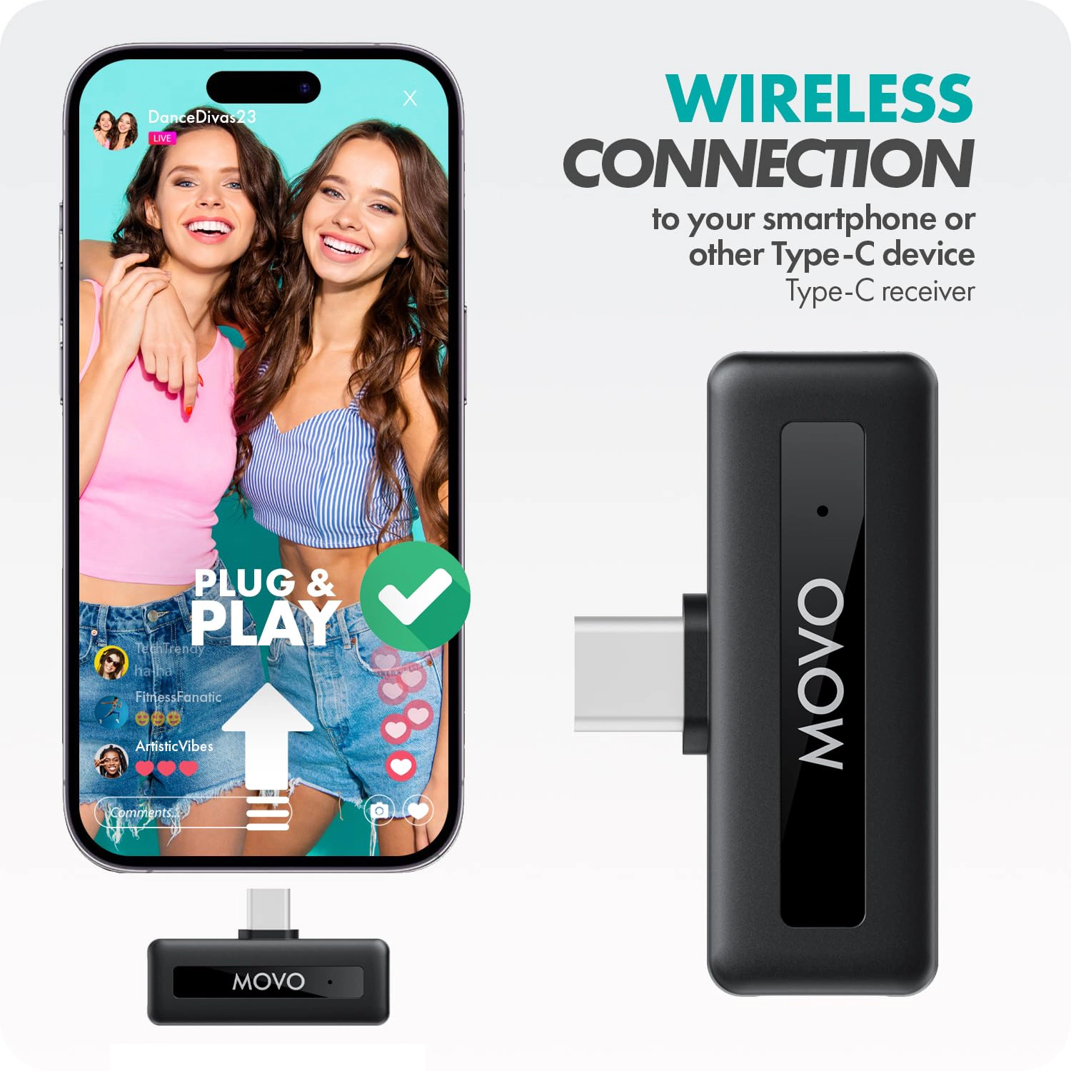 Movo WM-VXR10 Wireless Shotgun Mic Adapter for USB-C/iPhone 15 and up/Android Devices