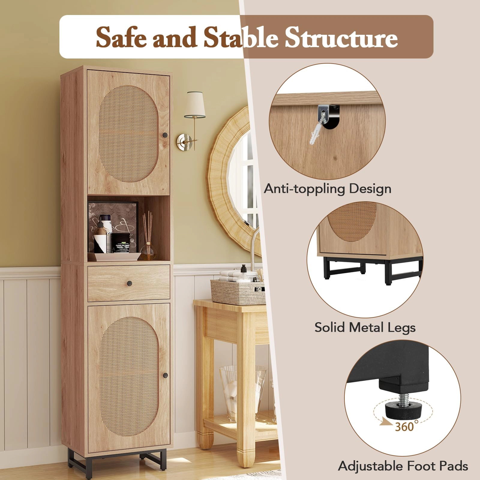 Glintex 67-Inch PE Rattan Bathroom Cabinet with Soft-Close Hinges and Drawer, Natural