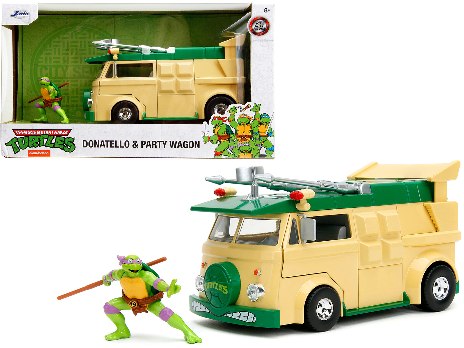 Jada Party Wagon Green and Beige and Donatello Diecast Figure "Teenage Mutant Ninja Turtles" "Hollywood Rides"