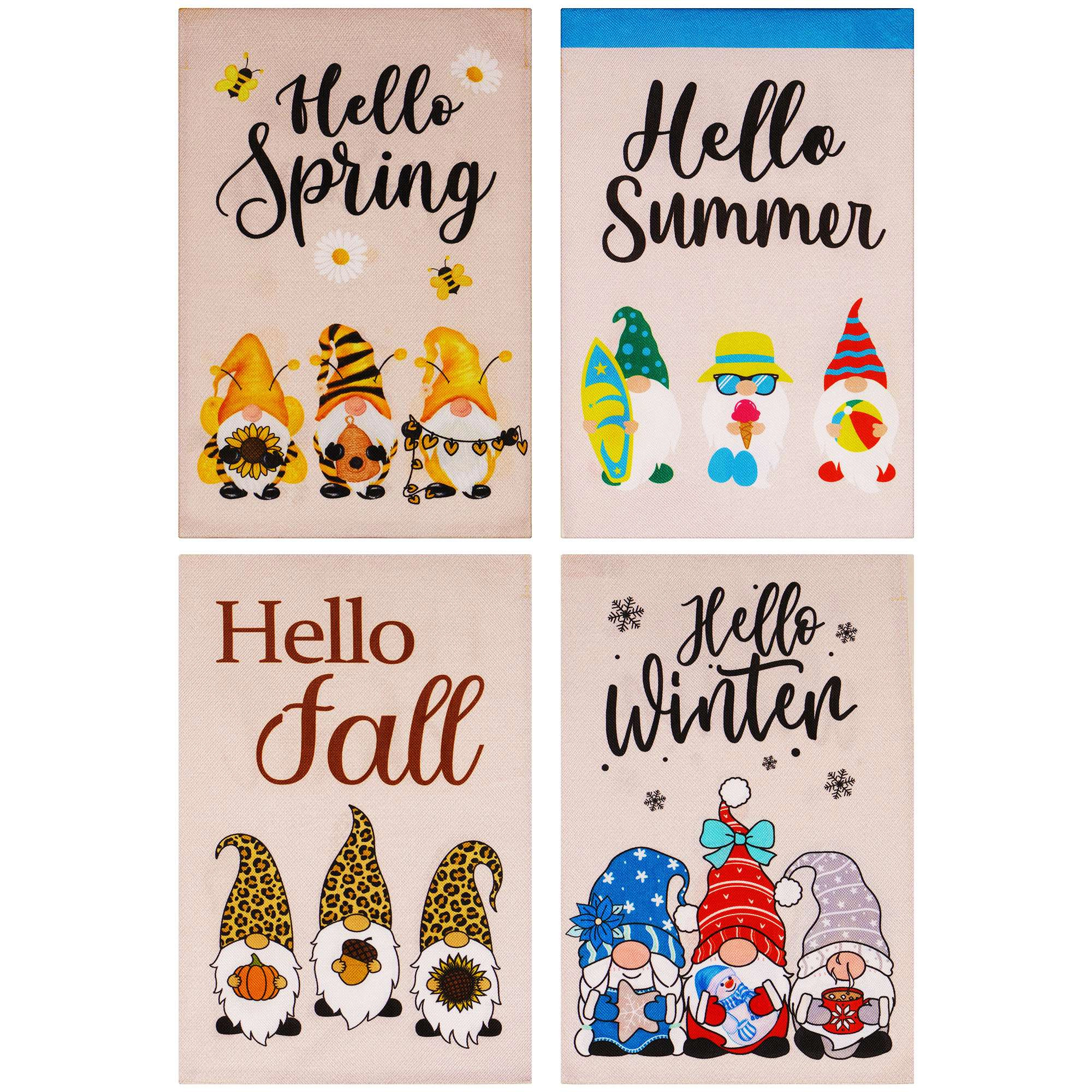 G128 Rustic Burlap Garden Flag Set 4-Pack - Double-Sided 12x18 Inch Seasonal Gnome Designs