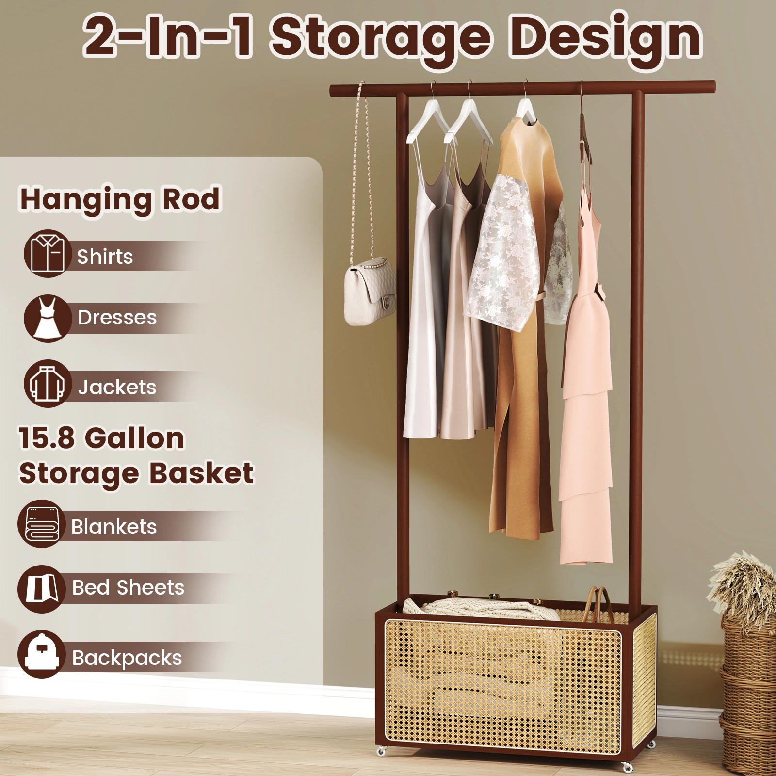 SUGIFT 68-in Freestanding Bamboo Clothes Rack with 15.8-gal Woven Rattan Storage Basket and Wheels