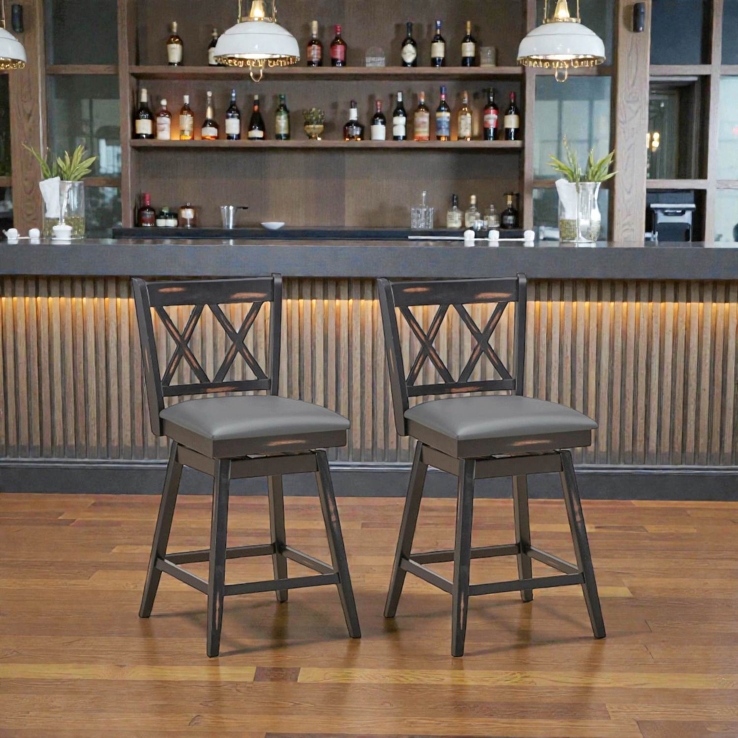 Hivvago Set of 2 Swivel Counter Stools with Rubber Wood Legs