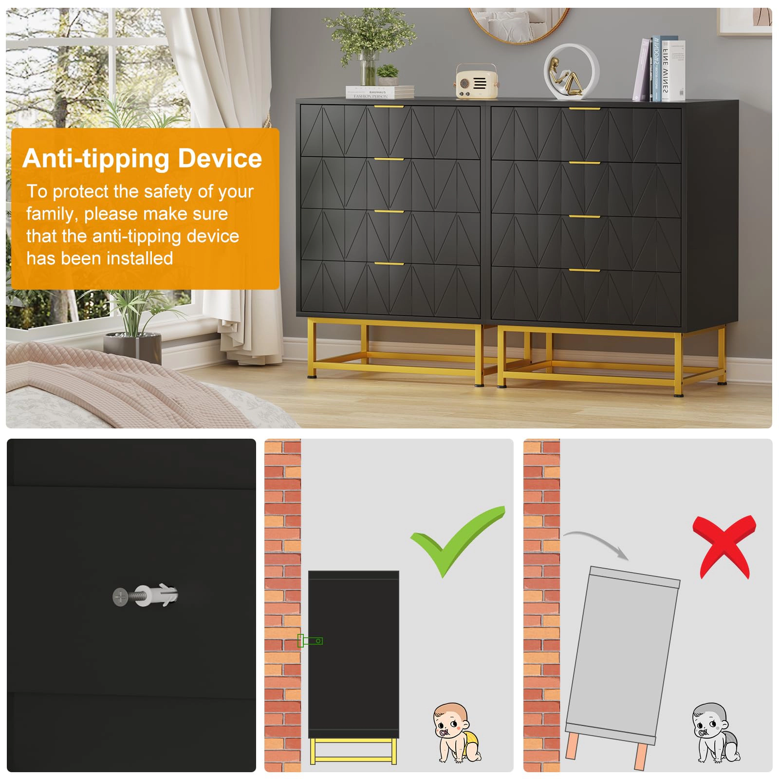 Modern 4 Drawer Wood Dresser with Metal Legs, Wide Storage Chest Organizer for Bedroom Living Room