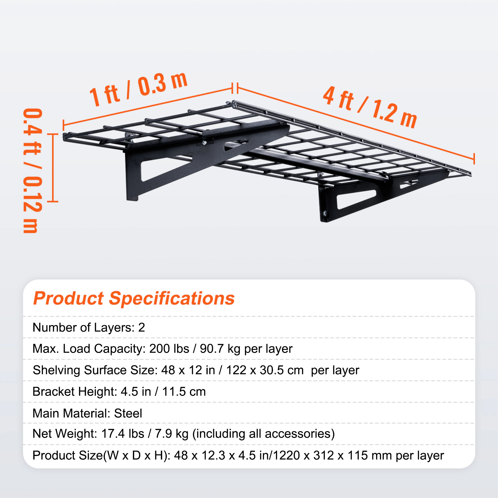 HONGGE 4 x 1 ft Garage Wall Shelving, 2-Pack Heavy Duty Steel Shelves, 400 lb Capacity for Shop & Garage Storage