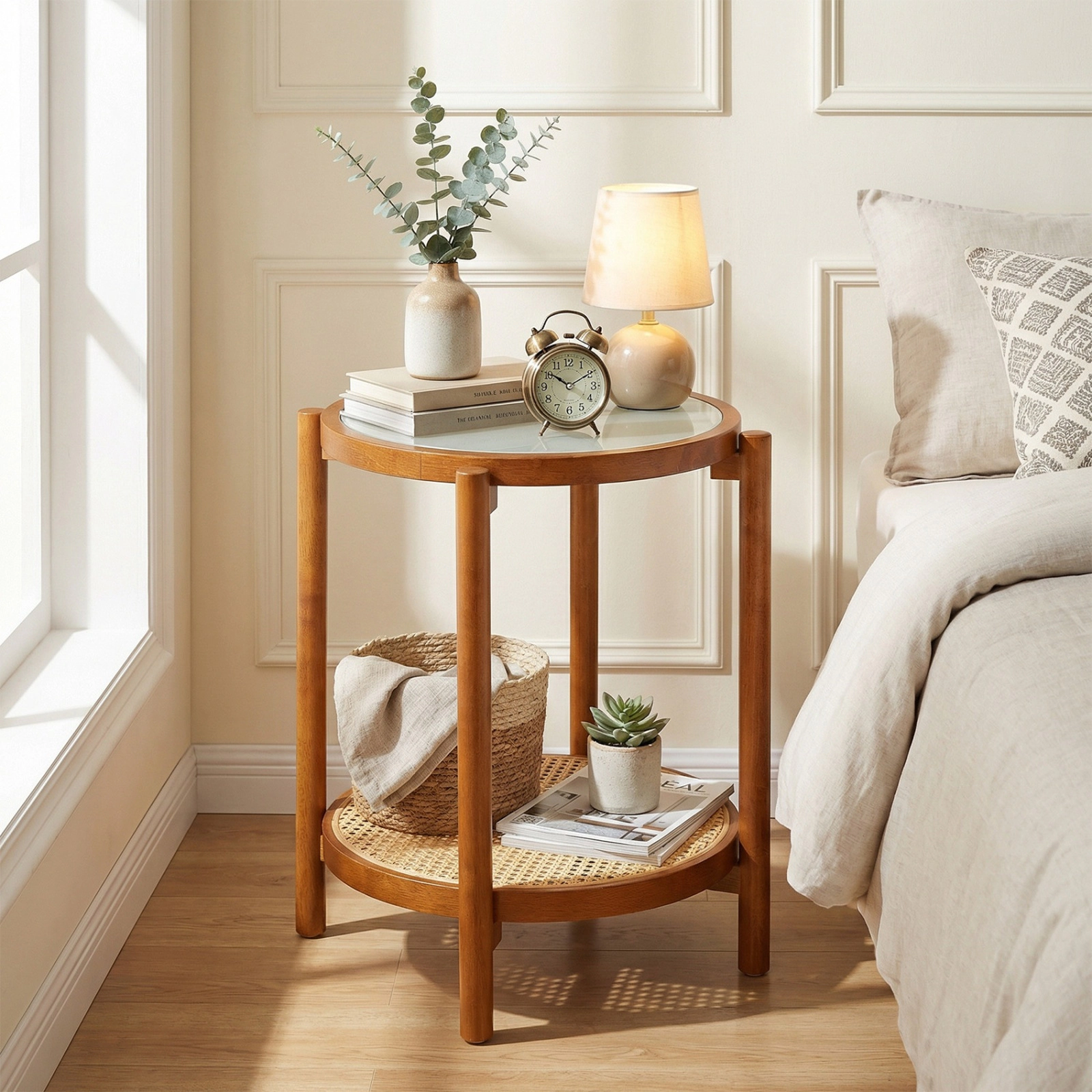 SUGIFT 18.5-Inch Round 2-Tier Boho Side Table, Glass Top, Rattan Shelf, Acacia Legs