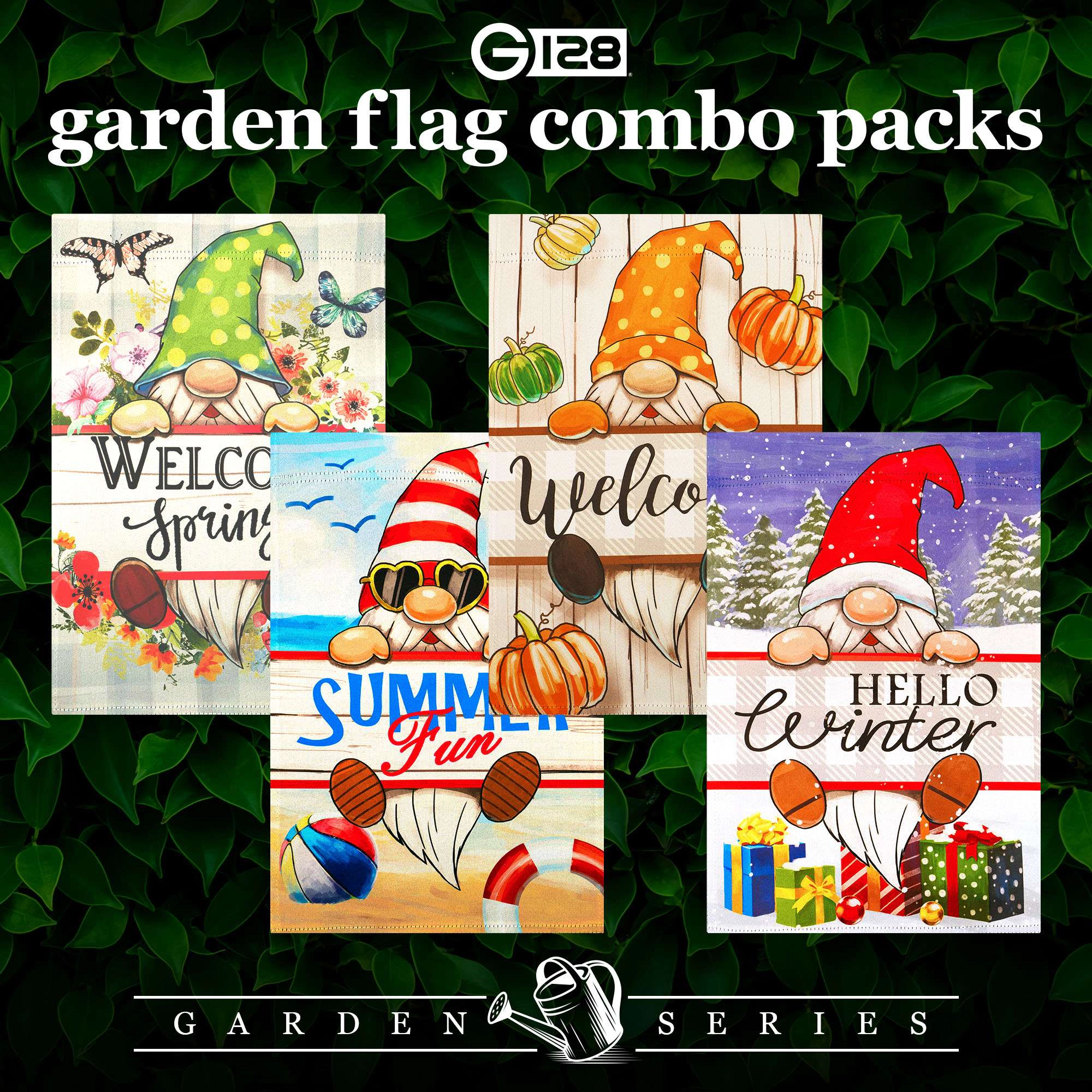 G128 Whimsical Gnome Garden Flag Set 4-Pack - Double-Sided 12x18 Inch Seasonal Holiday Yard Decorations