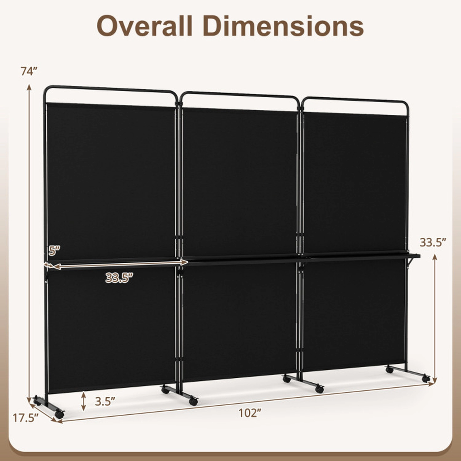 SUGIFT Black 3-Panel 74-in Tall Folding Room Divider with 3 Metal Shelves and 8 Lockable Universal Wheels
