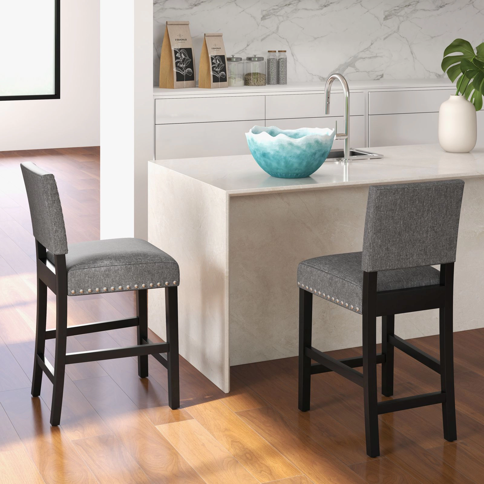 SlickBlue  Set of 2 Upholstered Counter Bar Stools Set of 2, Rubber Wood Frame