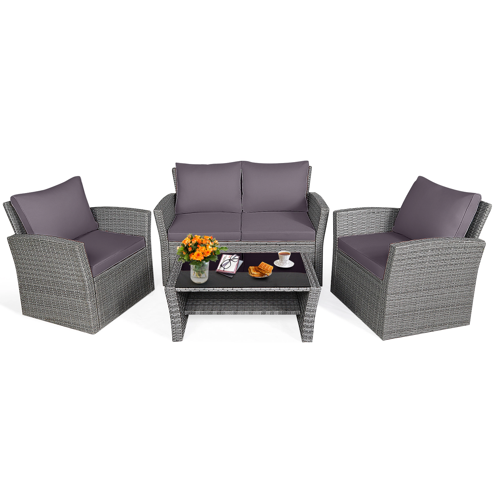 SUGIFT Gray Storage Shelf Coffee Table and Cushions 4-Piece Patio Rattan Sofa Set