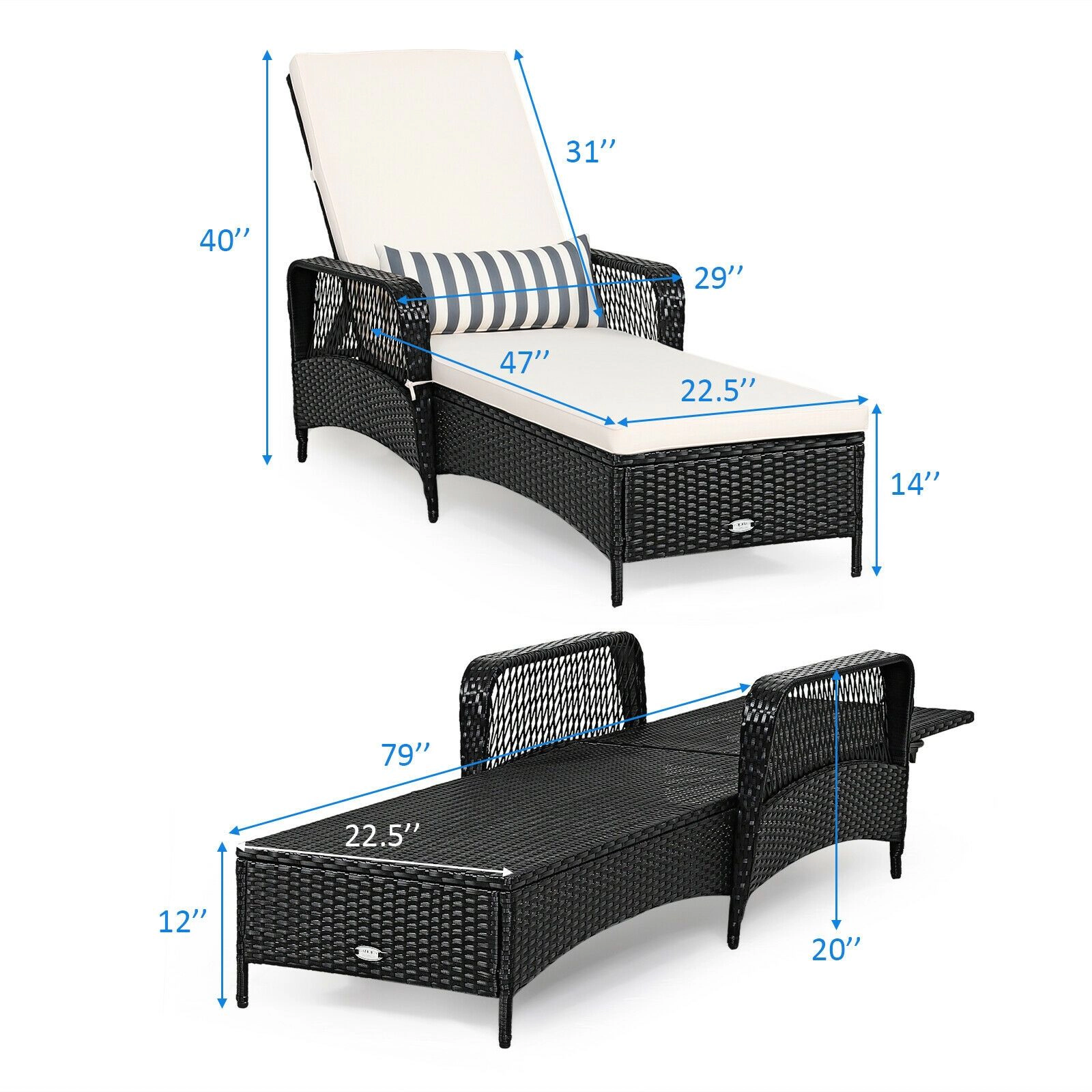 SlickBlue Outdoor Reclining Wicker Chaise Lounge with Lumbar Pillow