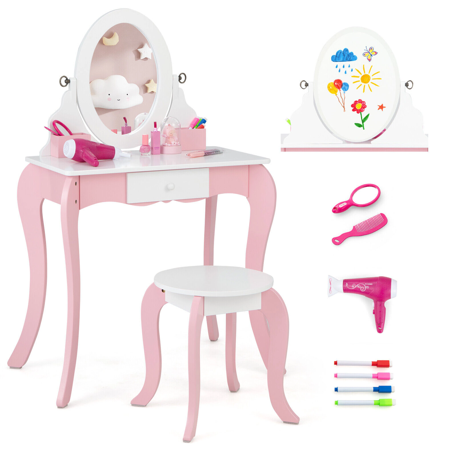 SUGIFT 2-in-1 Detachable Kids Vanity Table & Stool Set 360° Rotatable Mirror 66-lb Tabletop Capacity Ages 3-7 Pink +