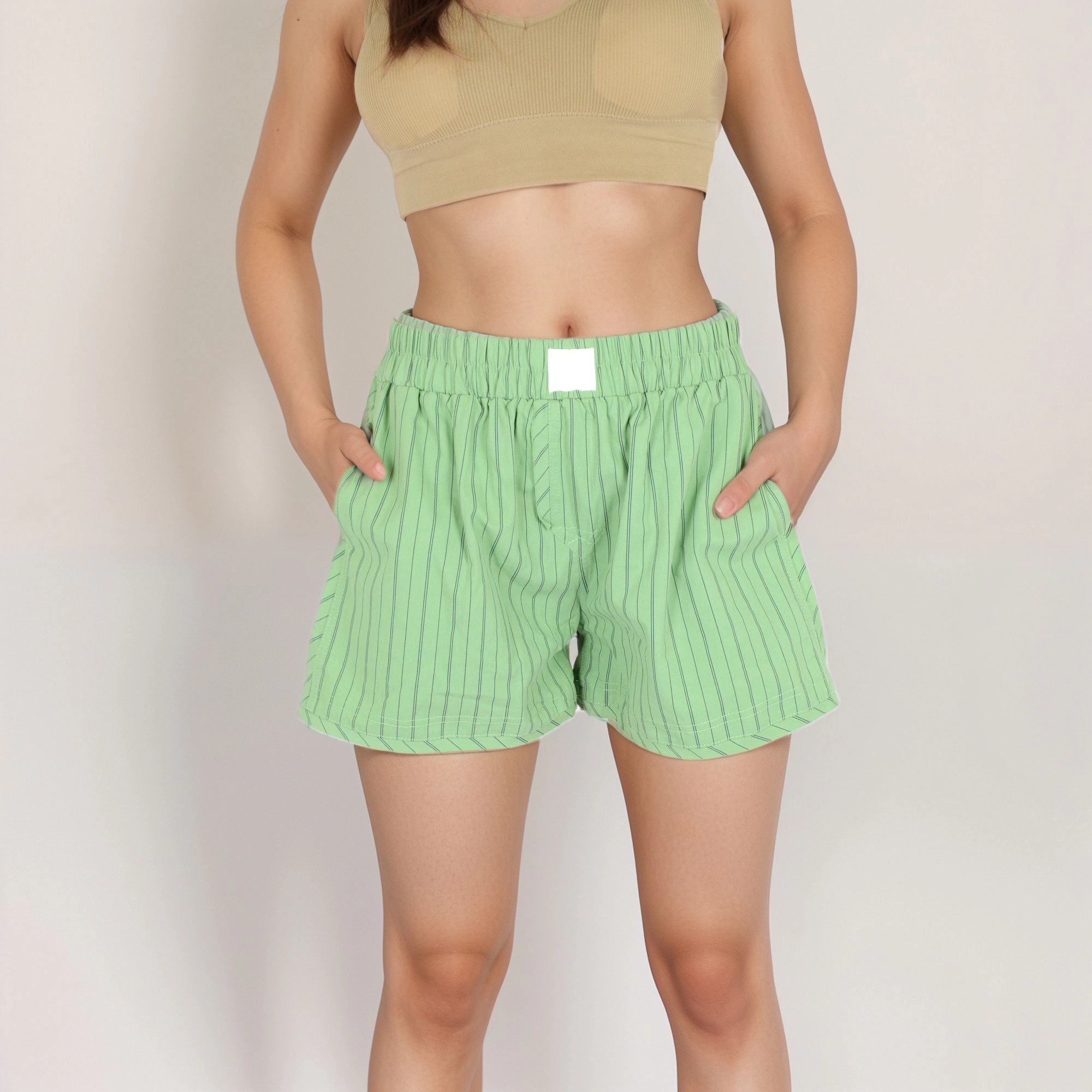 Anna-Kaci Women's Vertical Stripe Lounge Shorts with Elastic Waistband Faux Fly Front and Side Pockets