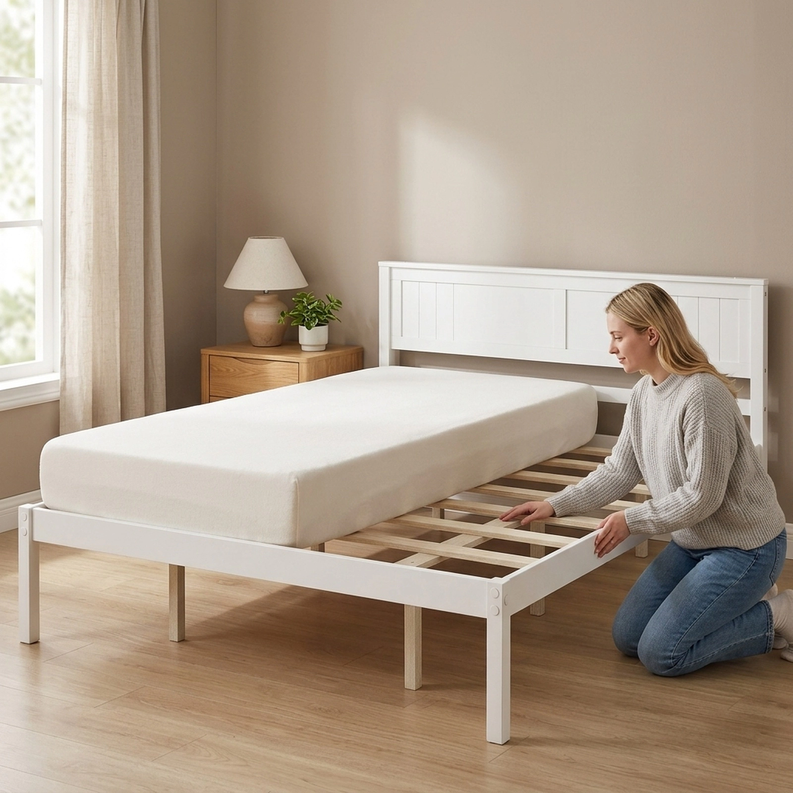 SUGIFT Queen Wooden Platform Bed Frame with Panel Headboard, Natural Finish