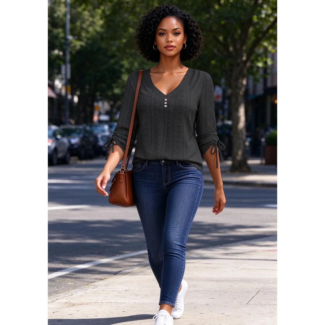 Coolmee Women's Jacquard Button V-Neck 3/4 Sleeve T-Shirt Top Summer