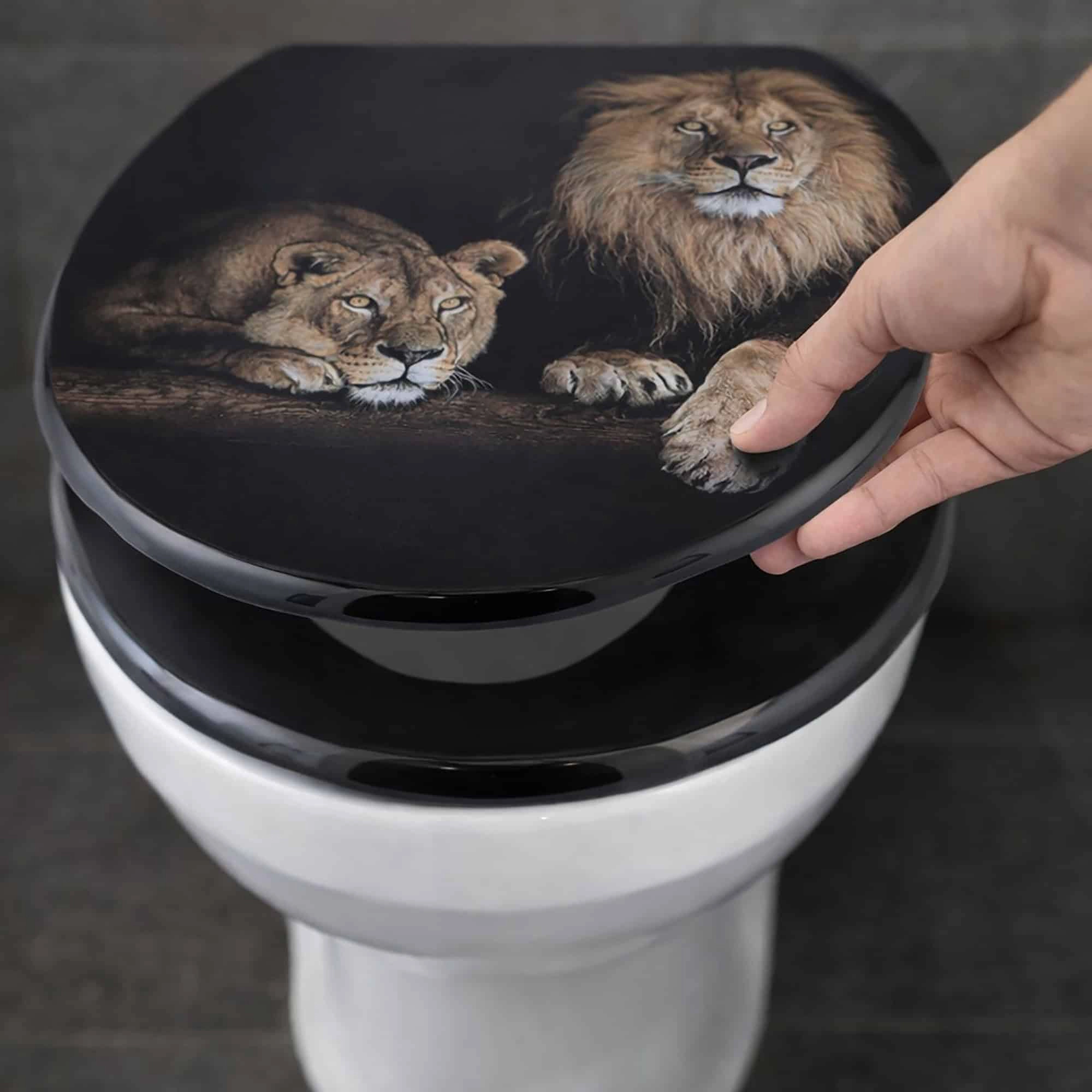 Evideco French Home Goods Elongated Lion and Lioness Printed Molded Wood Toilet Seat