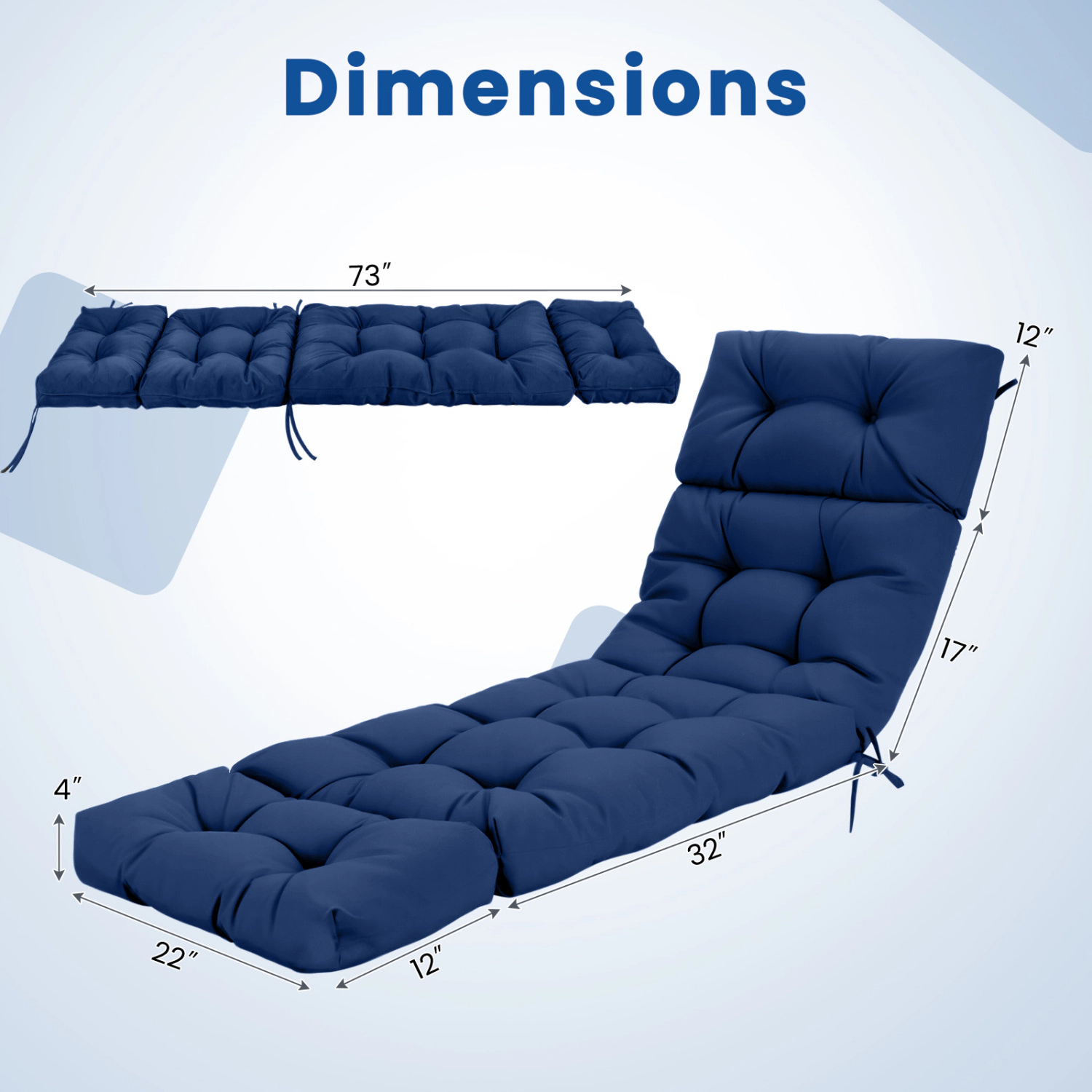 LJG 73"x22" Outdoor Lounge Chaise Cushion with High Back String Ties Set of 2