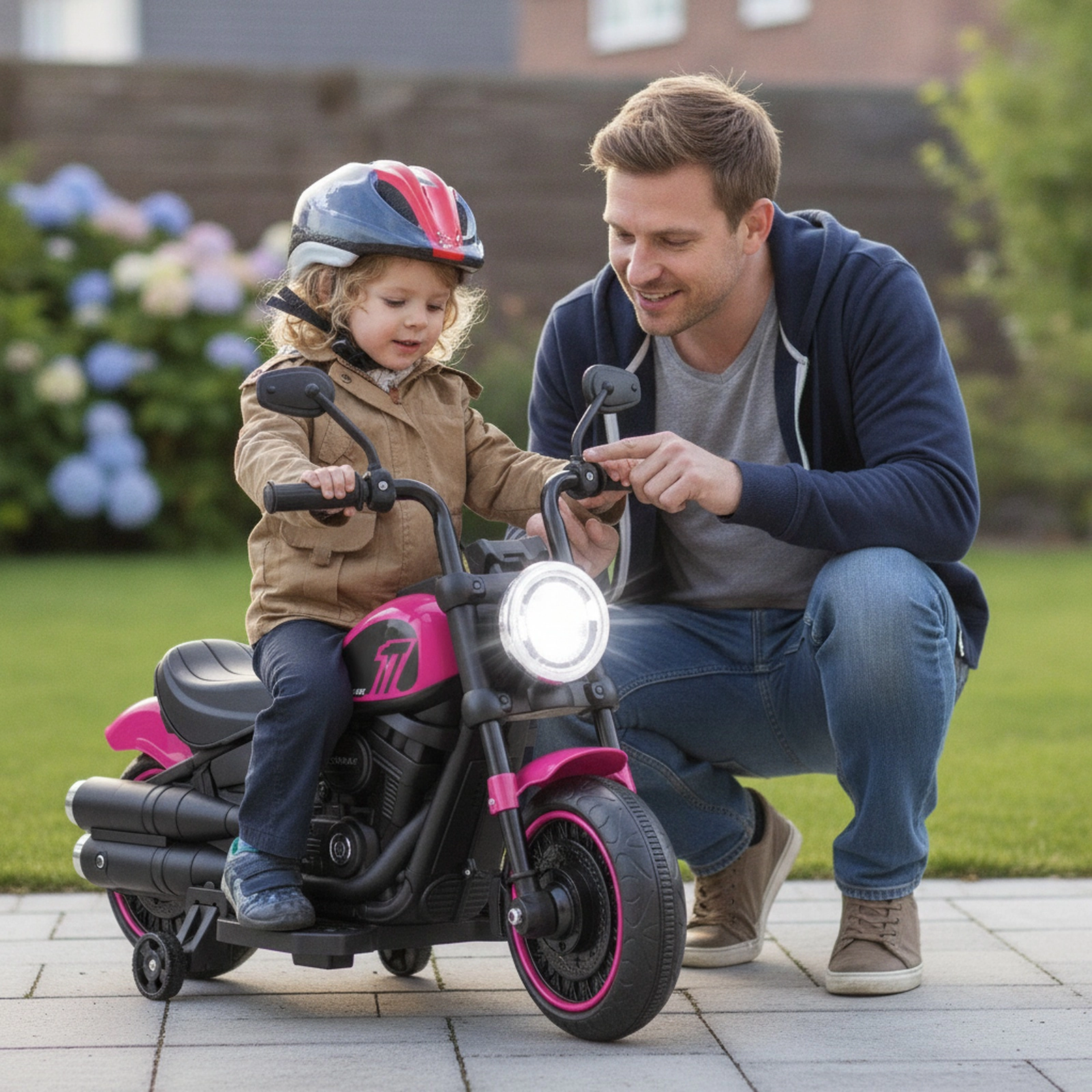 Toddler Electric Motorcycle Removable Training Wheels Slow Start LED Headlight 6V 18 Months+ 55-lb Capacity Pink