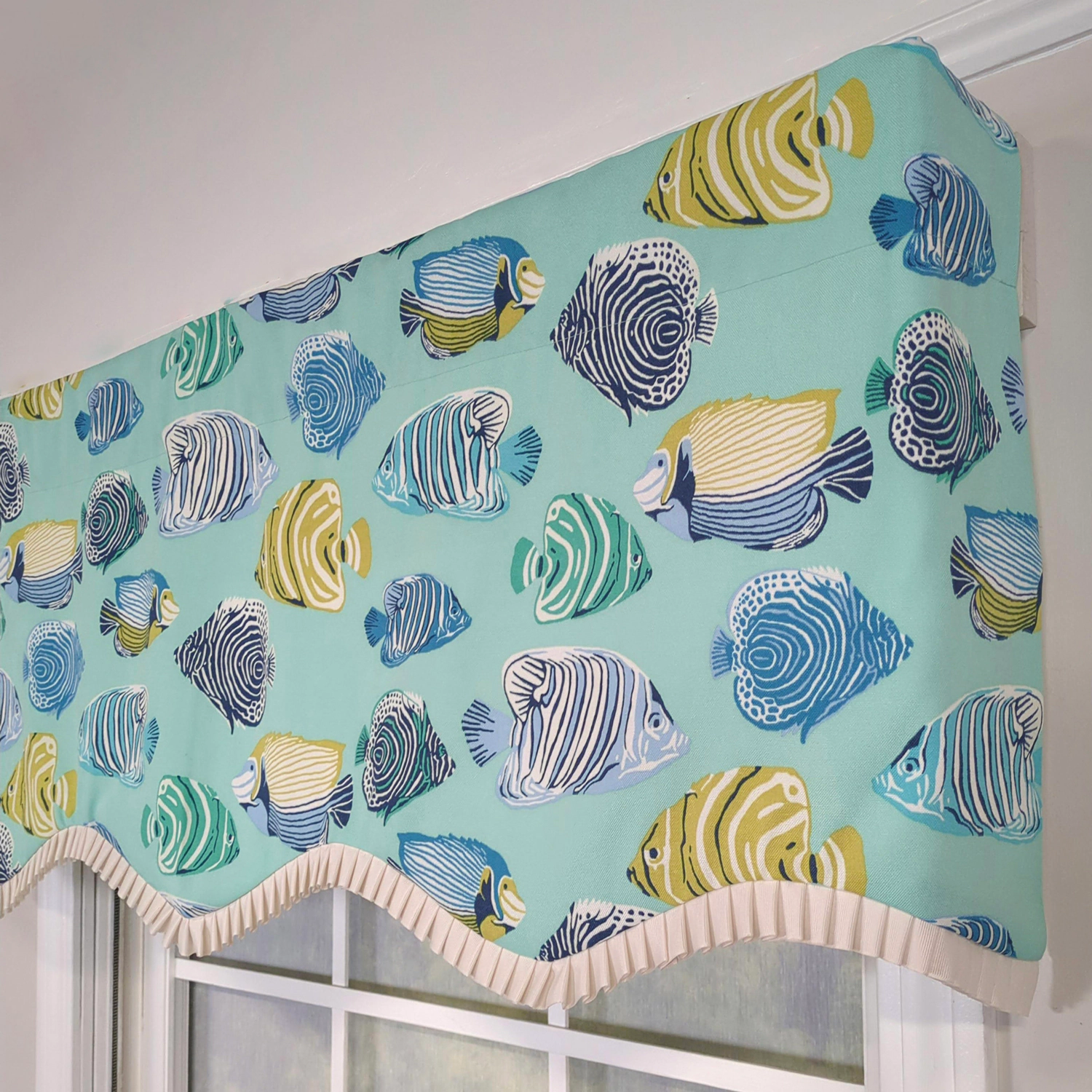 RLF Home 100% Cotton Fishbowl Provance With Ivory Lining Rod Pocket Window Valance 50" x 17" Aqua