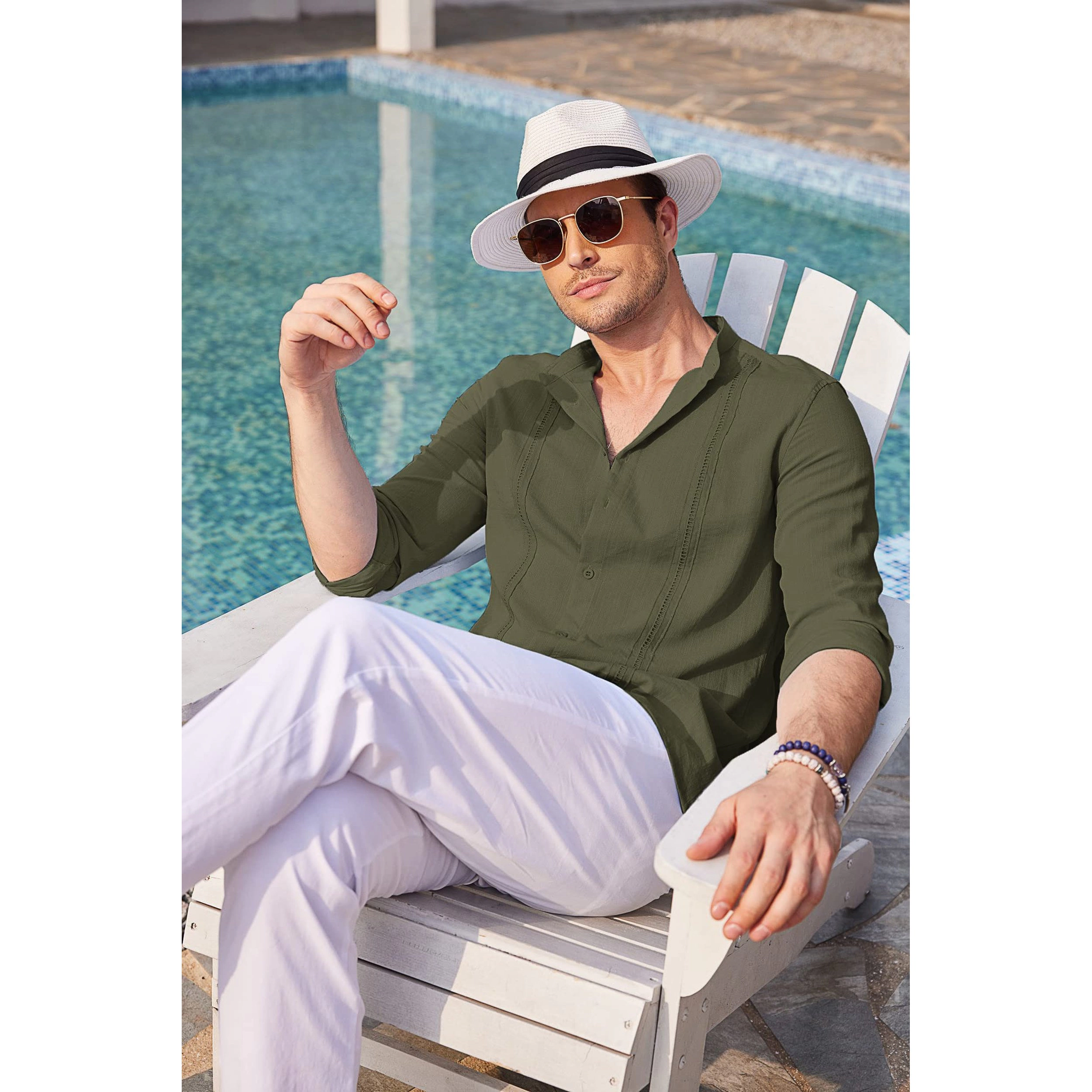COOFANDY Mens Casual Long Sleeve Shirts Henley V Neck Button Down Pleated Tops Fall