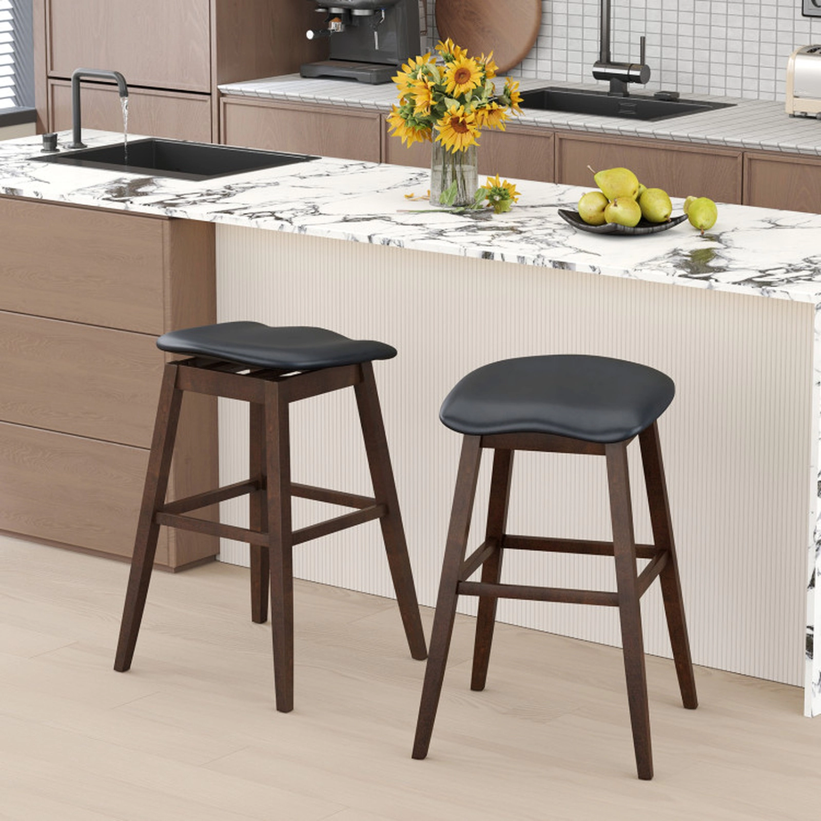 SUGIFT Black and Brown Padded Contoured Seat and Footrest Set of 2 Swivel Bar Stool