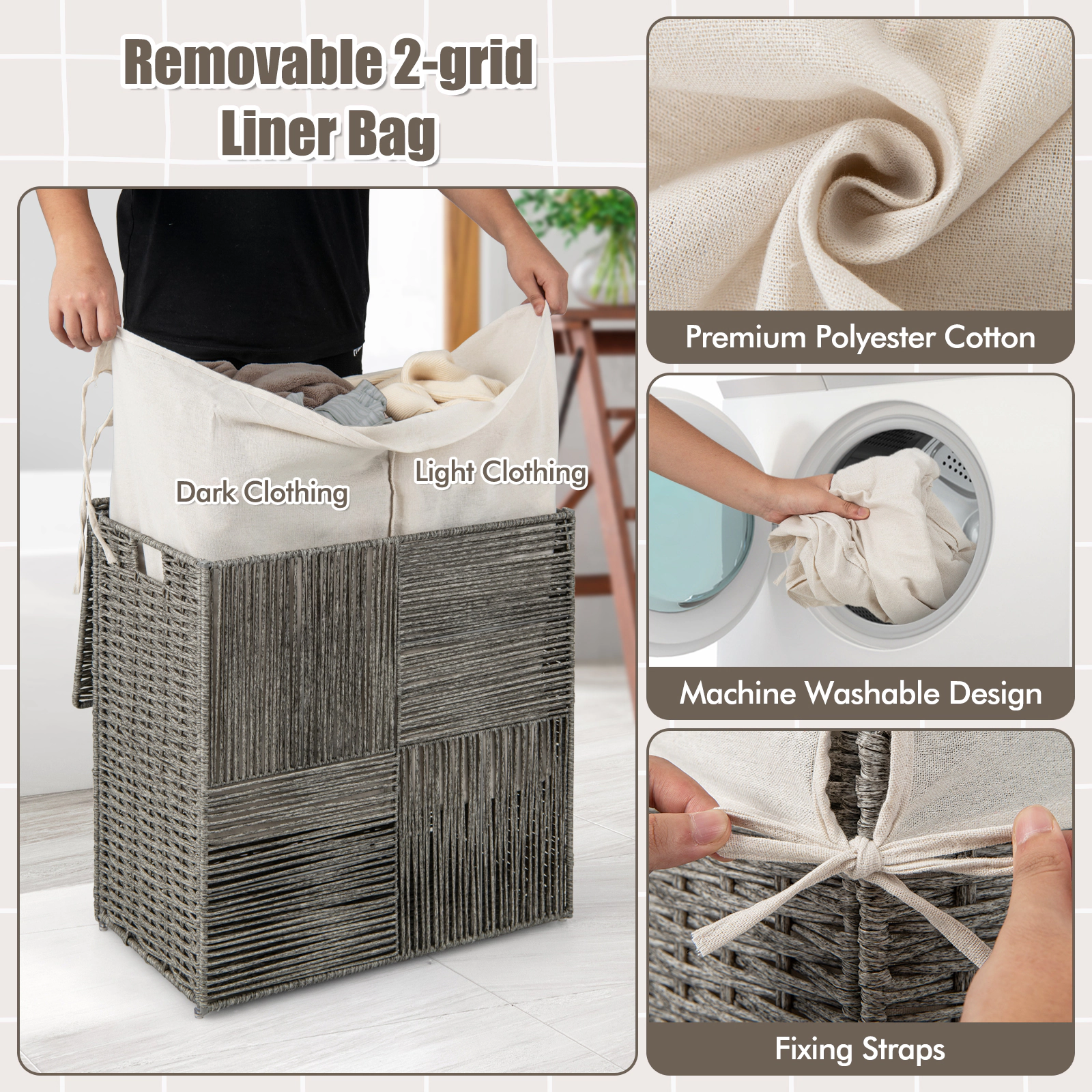SUGIFT Grey 29-gal Laundry Hamper with 2-Section Removable Liner Bag and Handles for Dirty Clothes